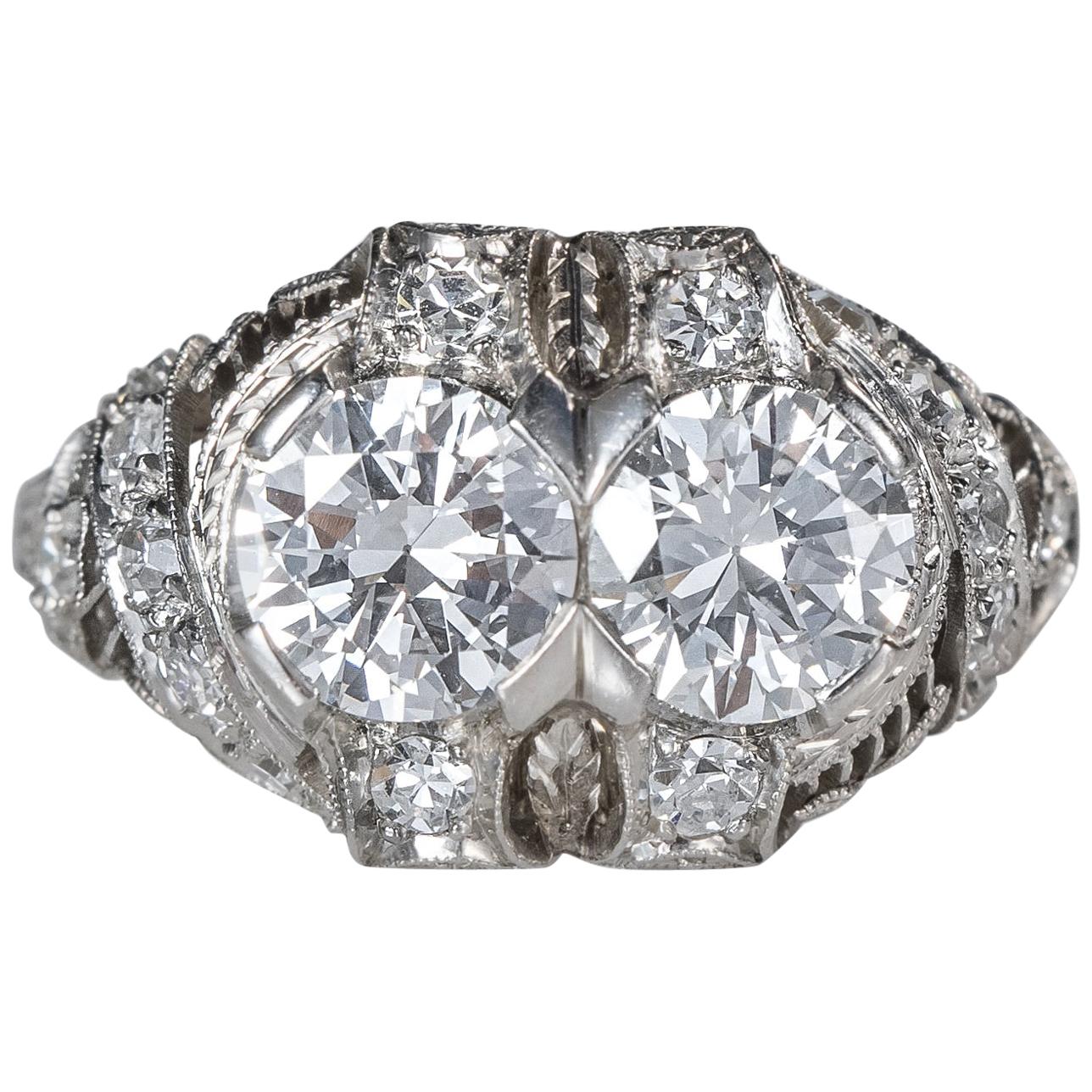1920s Art Deco 1.90 Carat Total Diamond Engagement Ring, Platinum