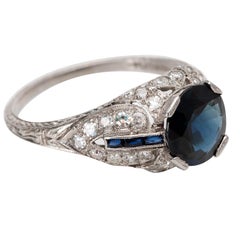 Antique 1920s Art Deco 2 Carat Sapphire and .35 Carat Diamond Platinum Ring