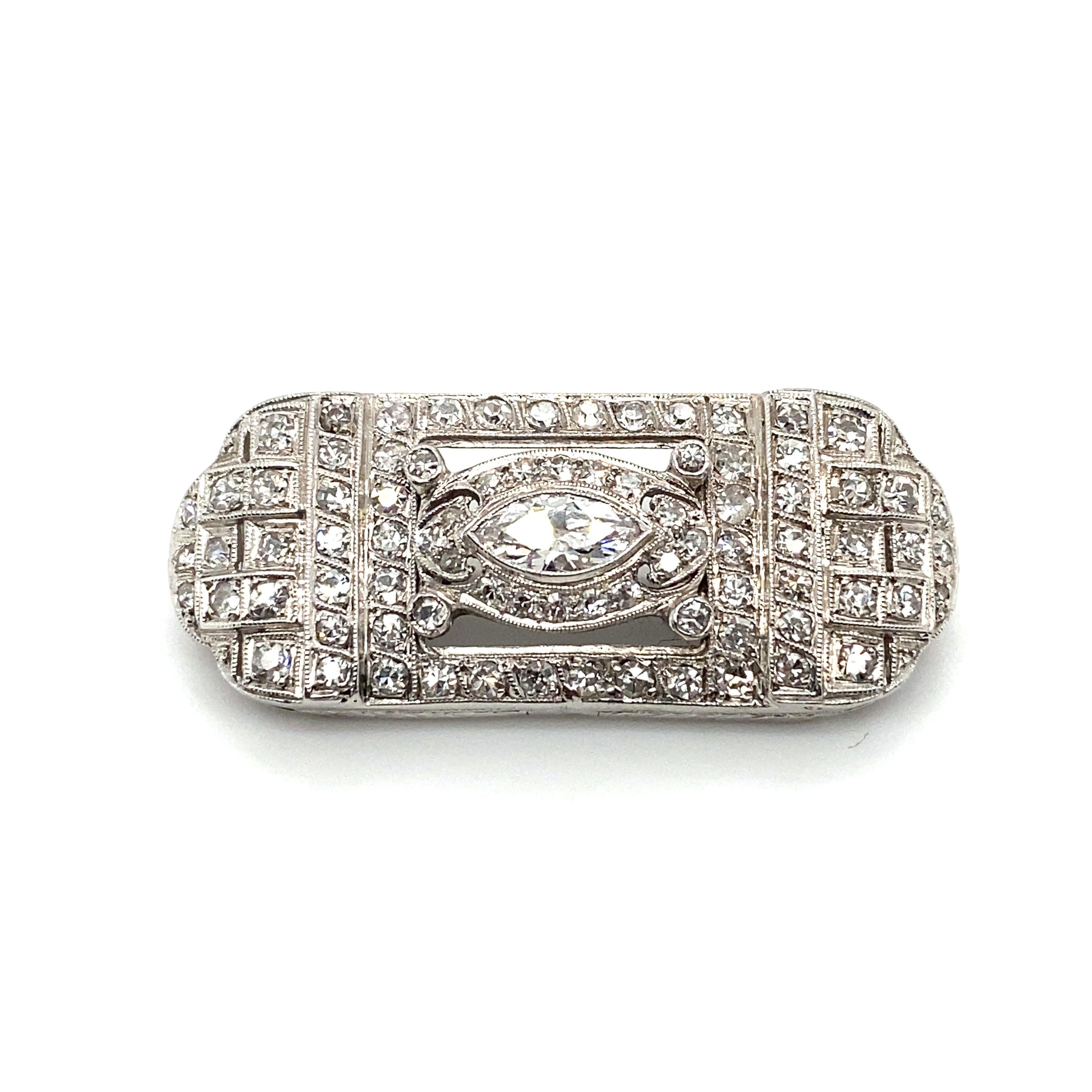 Item Details: This antique brooch has an Art Deco design and is studded with diamonds at two carats total. The diamonds are a mix of marquise and old European cut. Crafted in Platinum, this is an exquisite 1920s brooch with character and charm!