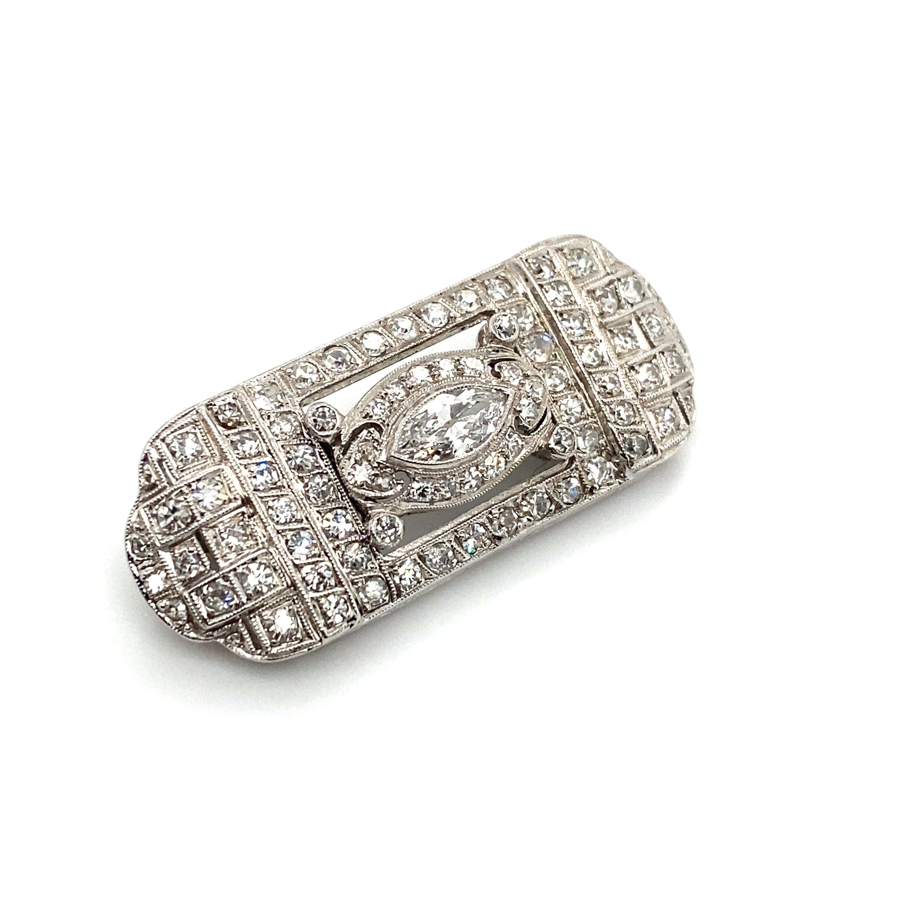 Marquise Cut 1920s Art Deco 2 Carat Total Diamond Brooch in Platinum For Sale