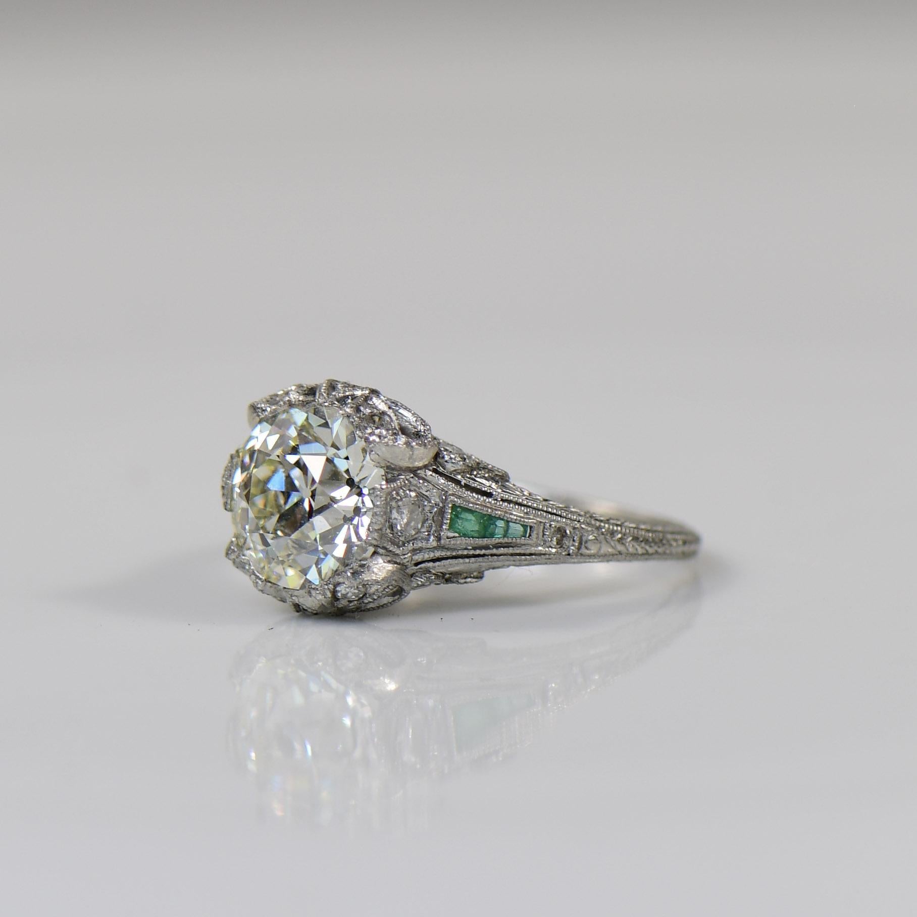 1920'S Art Deco 2.03ct Diamond and Emerald Platinum Engagement Ring- GIA Cert 5