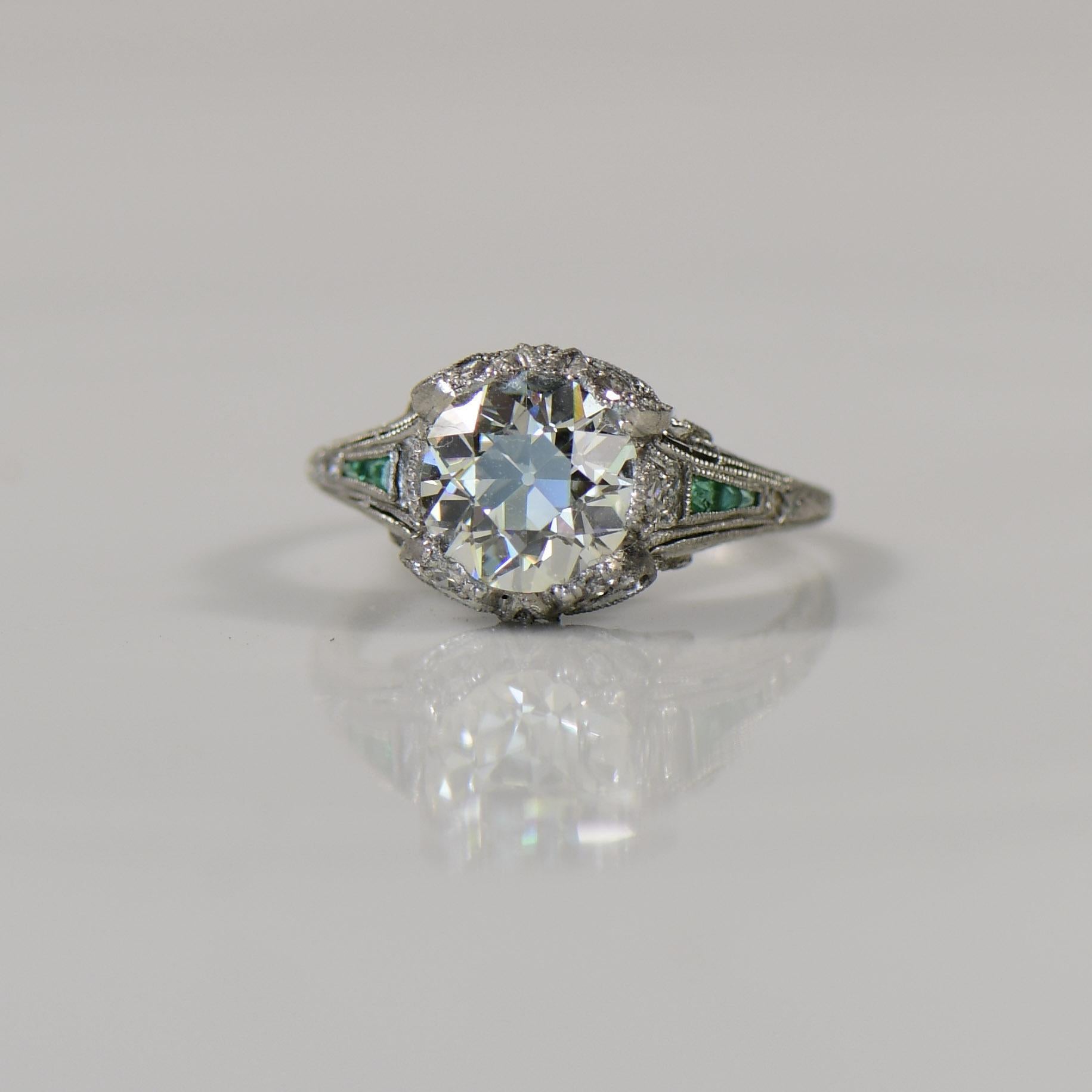 Old European Cut 1920'S Art Deco 2.03ct Diamond and Emerald Platinum Engagement Ring- GIA Cert