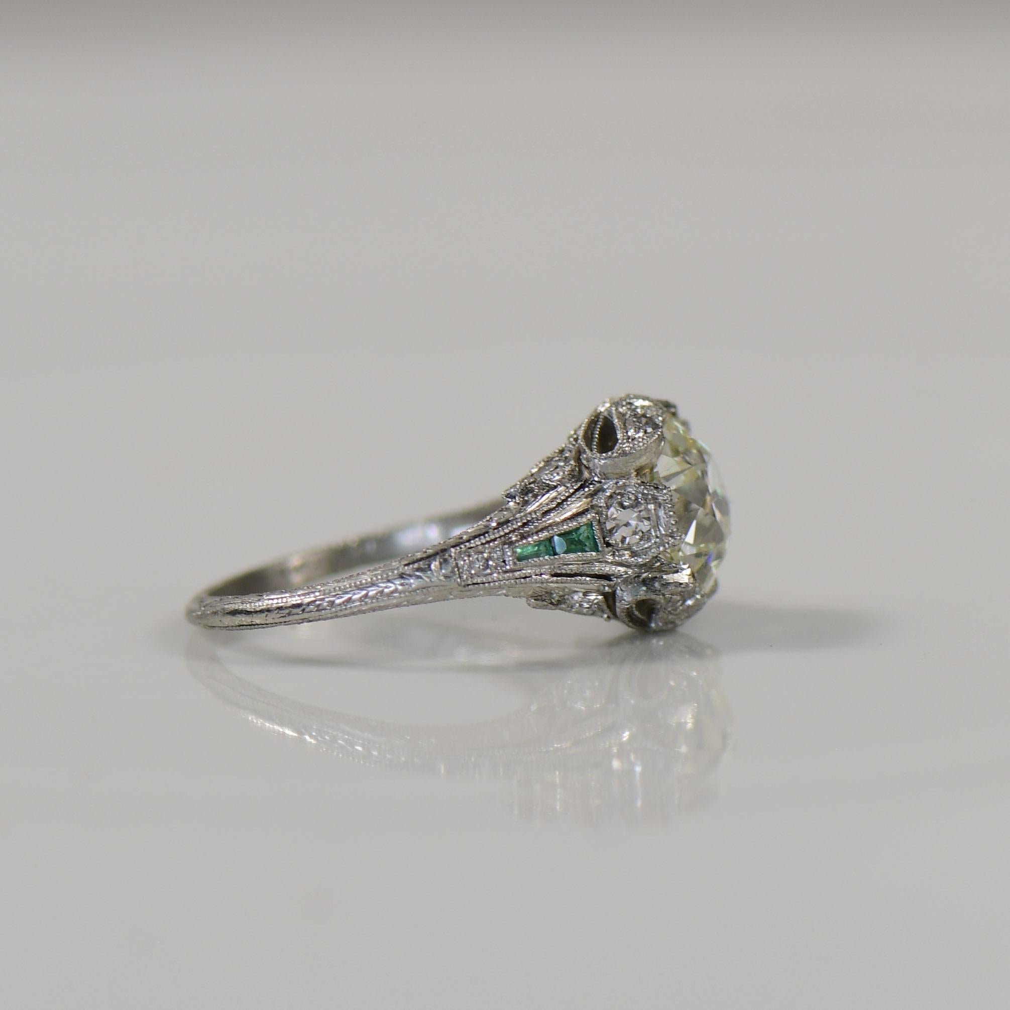 1920'S Art Deco 2.03ct Diamond and Emerald Platinum Engagement Ring- GIA Cert 1