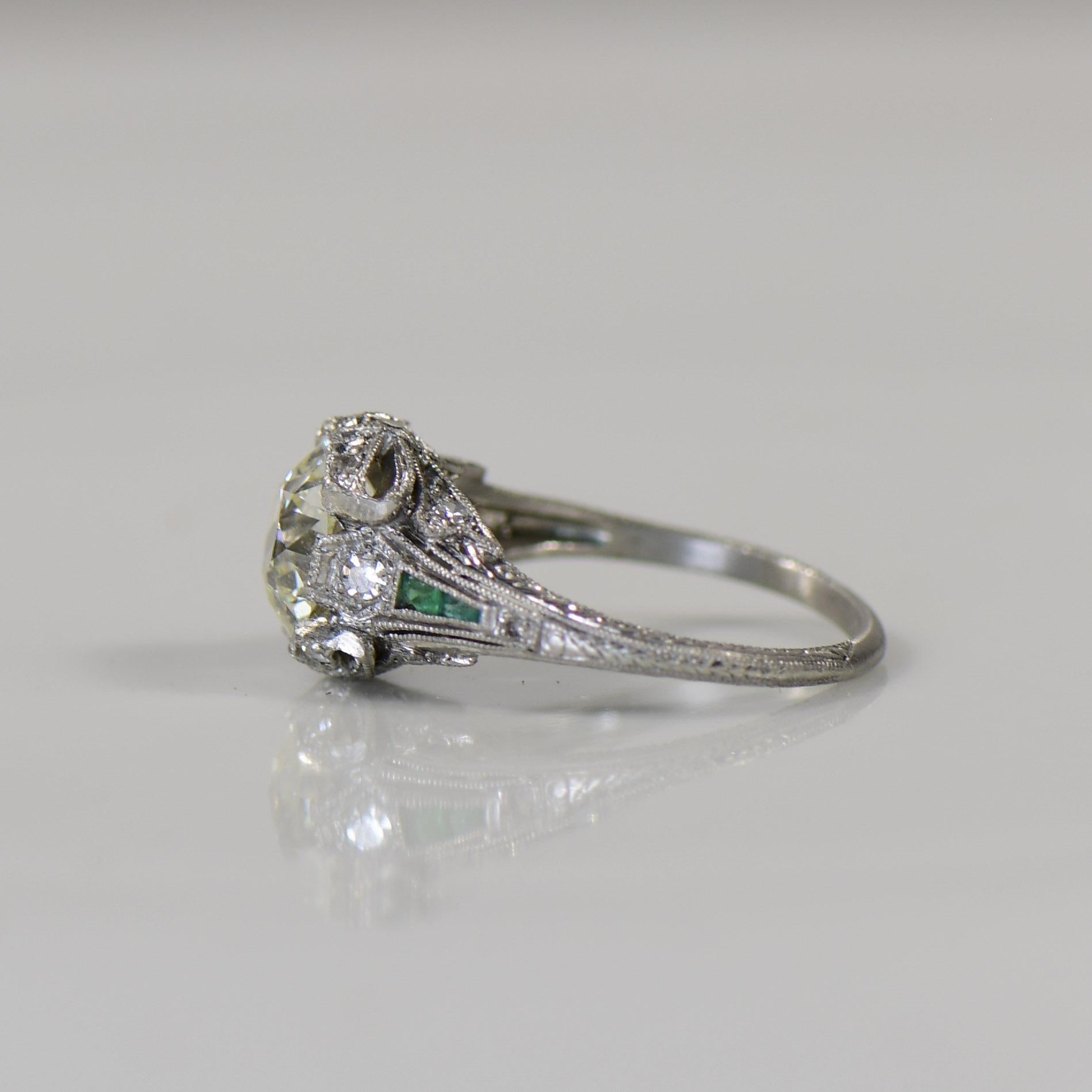 1920'S Art Deco 2.03ct Diamond and Emerald Platinum Engagement Ring- GIA Cert 2