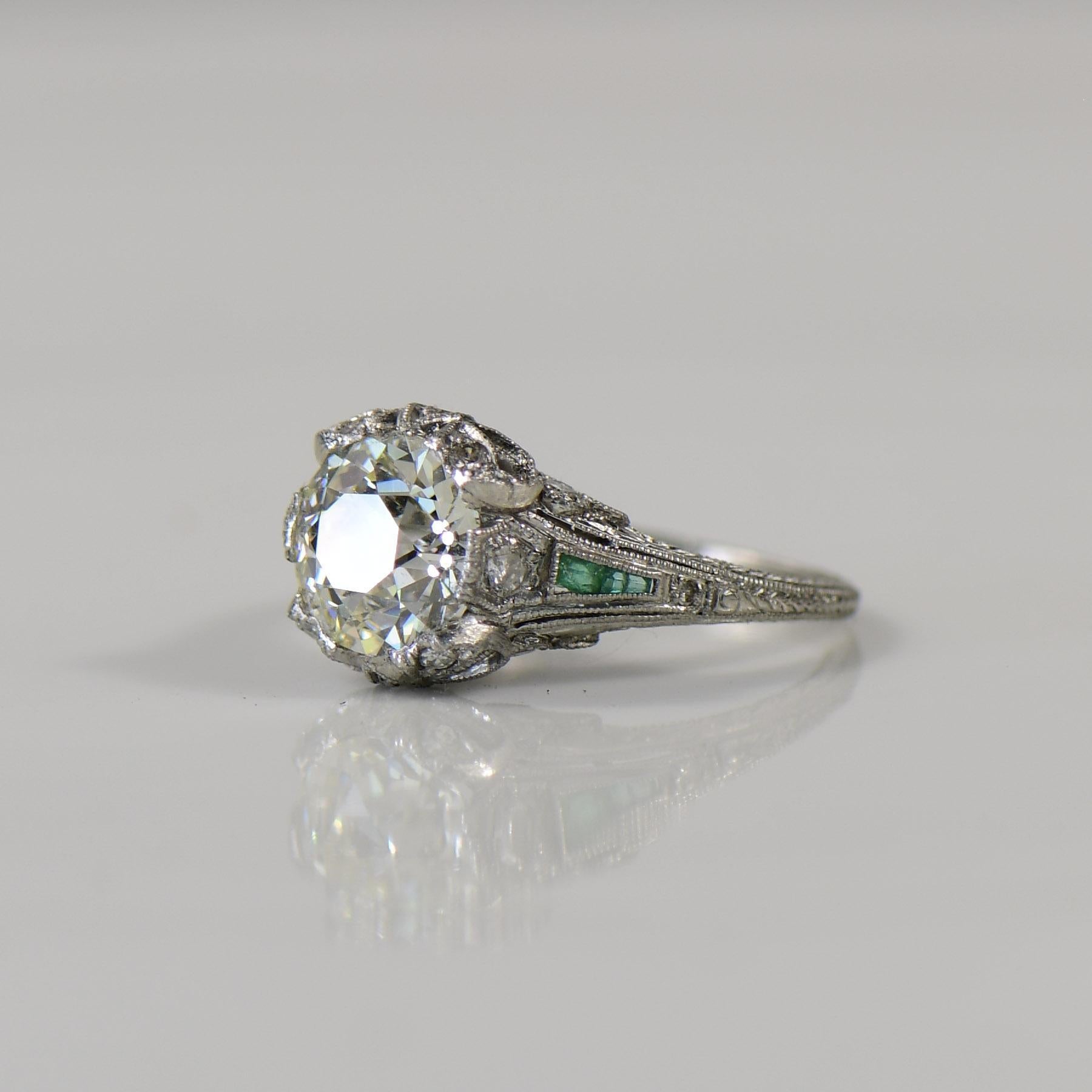 1920'S Art Deco 2.03ct Diamond and Emerald Platinum Engagement Ring- GIA Cert 3