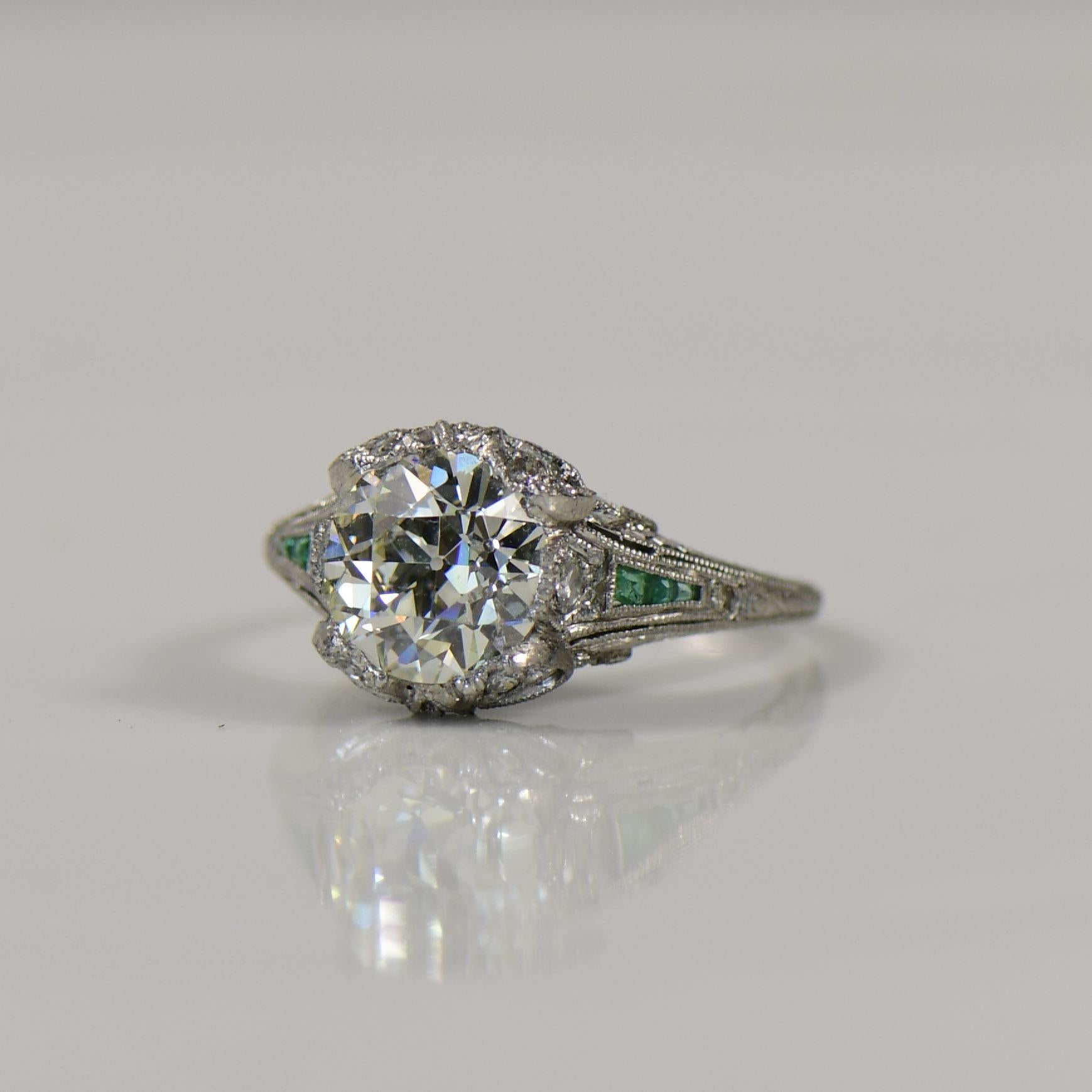 1920'S Art Deco 2.03ct Diamond and Emerald Platinum Engagement Ring- GIA Cert 4