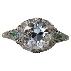 Antique 1920'S Art Deco 2.03ct Diamond and Emerald Platinum Engagement Ring- GIA Cert