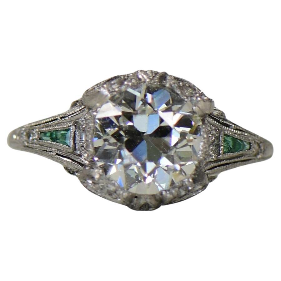 1920'S Art Deco 2.03ct Diamond and Emerald Platinum Engagement Ring- GIA Cert