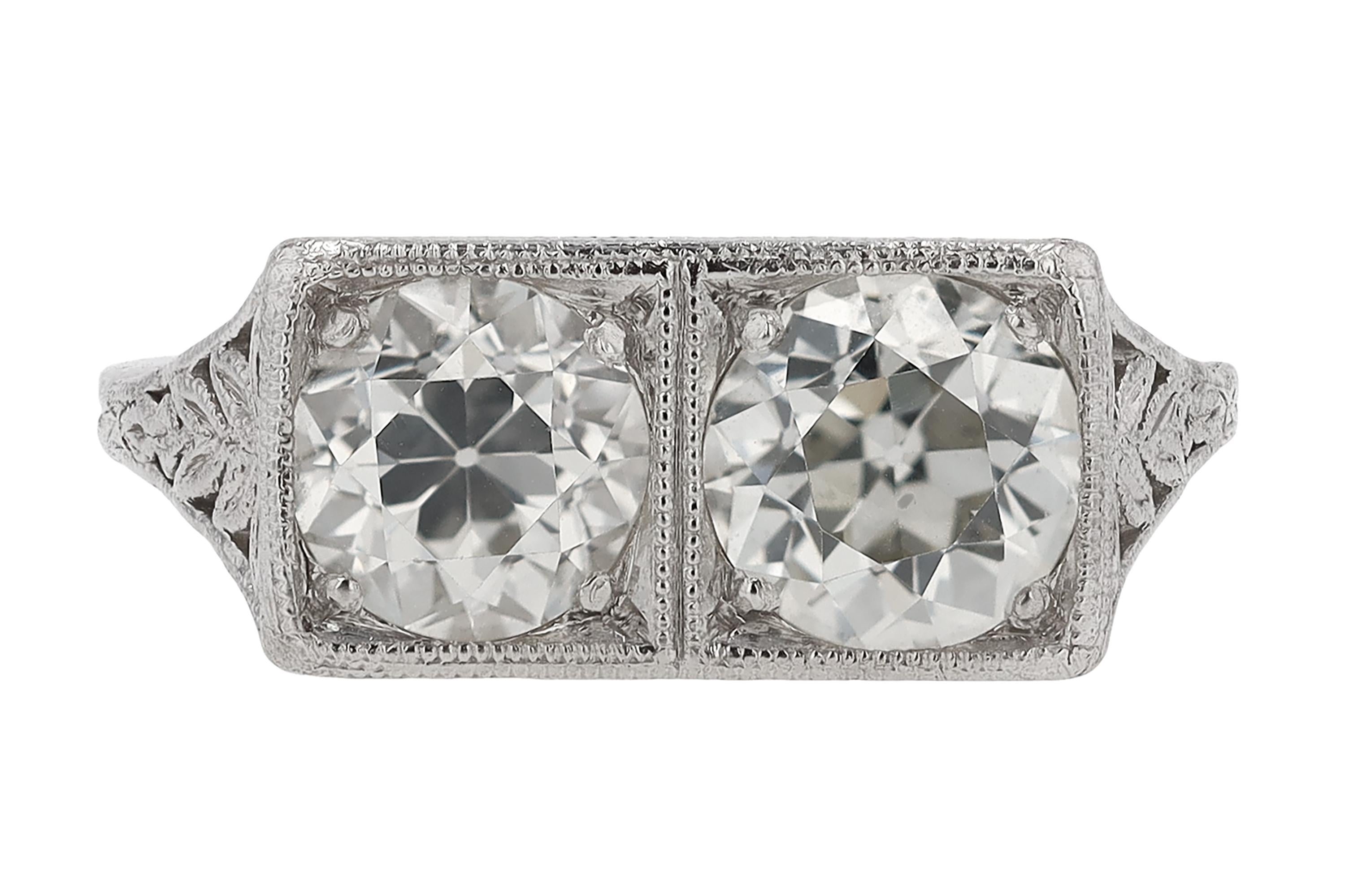 Women's 1920s Art Deco 2.10 Carat Double Diamond Engagement Ring For Sale