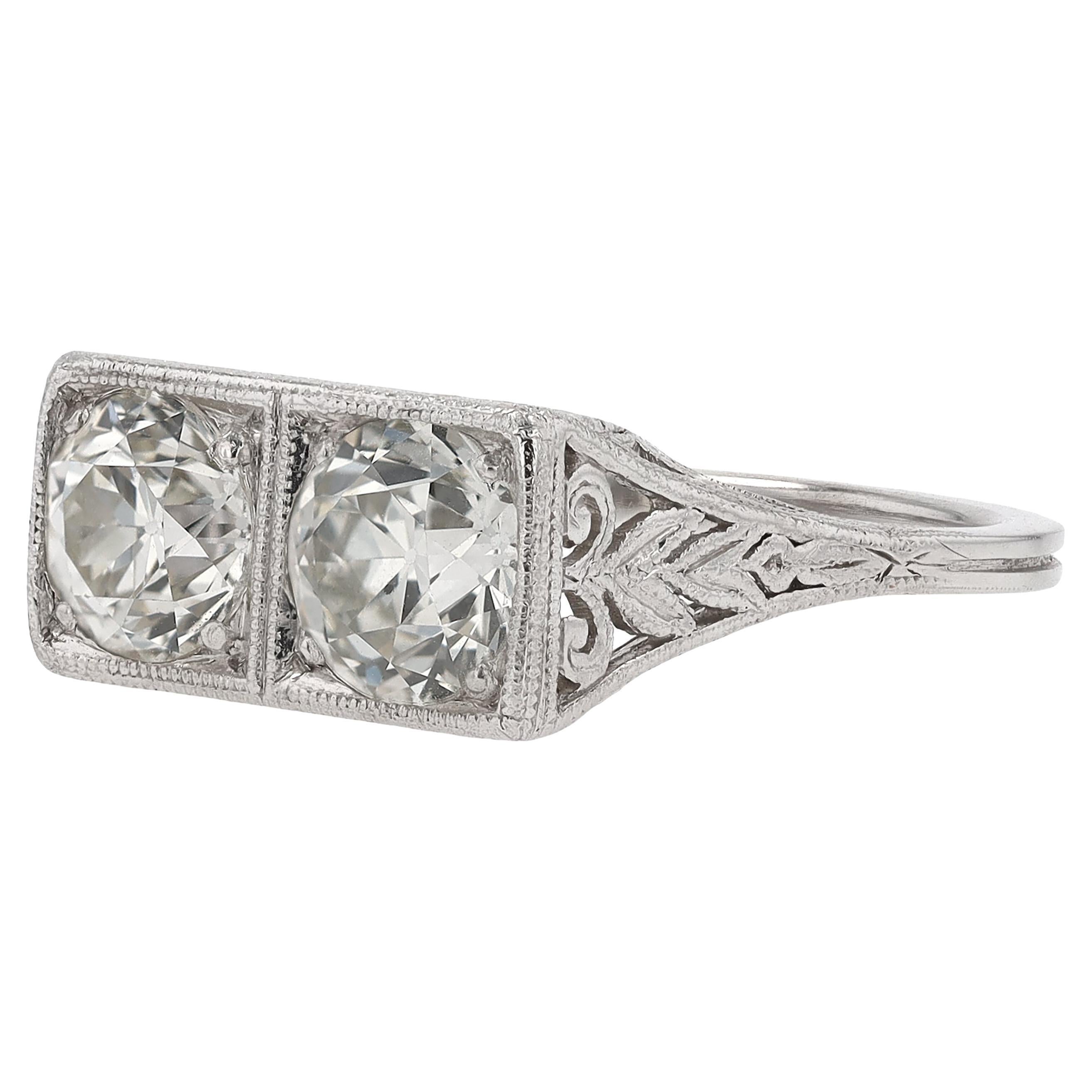 1920s Art Deco 2.10 Carat Double Diamond Engagement Ring For Sale