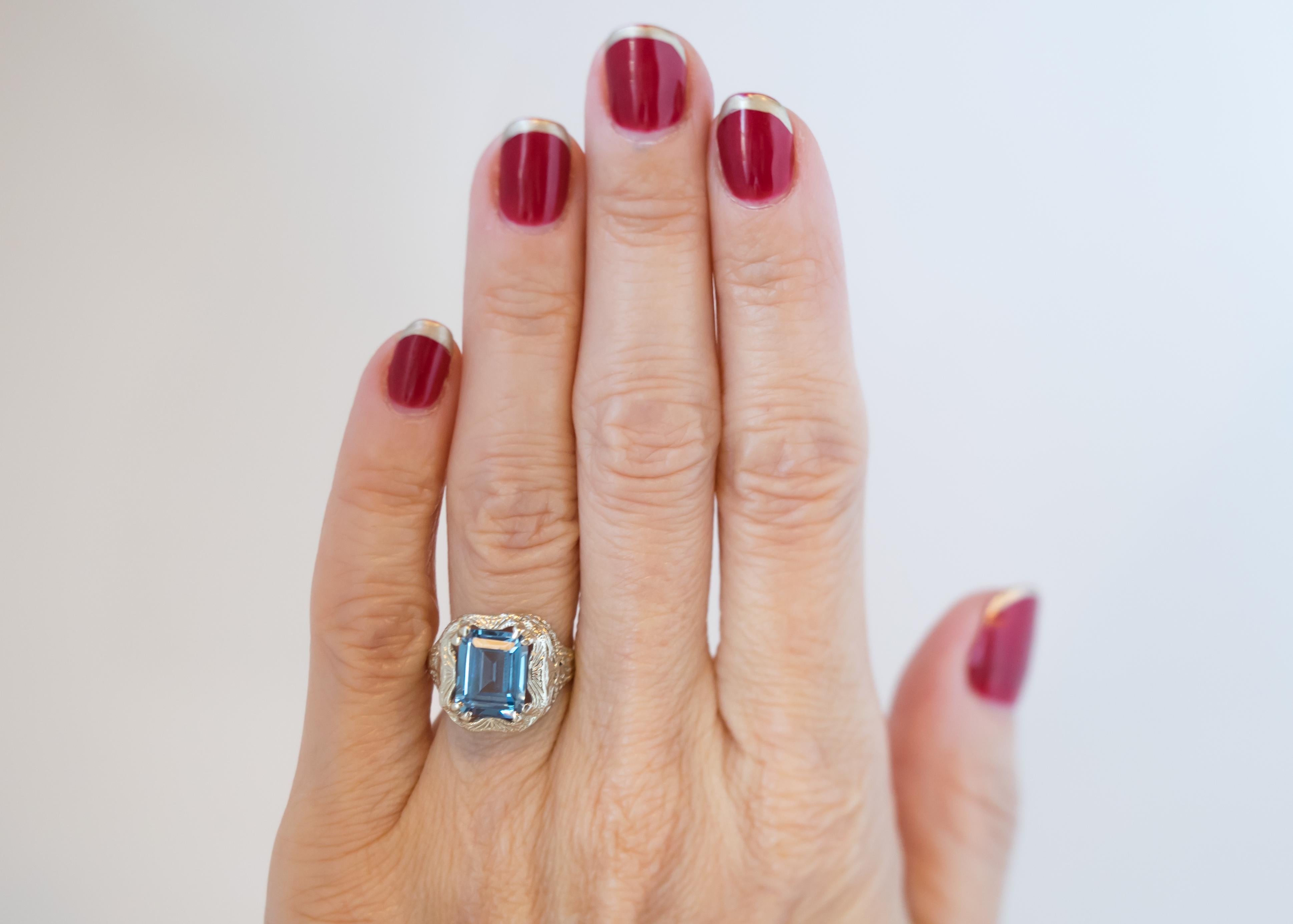 1920s Art Deco 3 Carat Blue Topaz and 14 Karat White Gold Filigree Ring 6