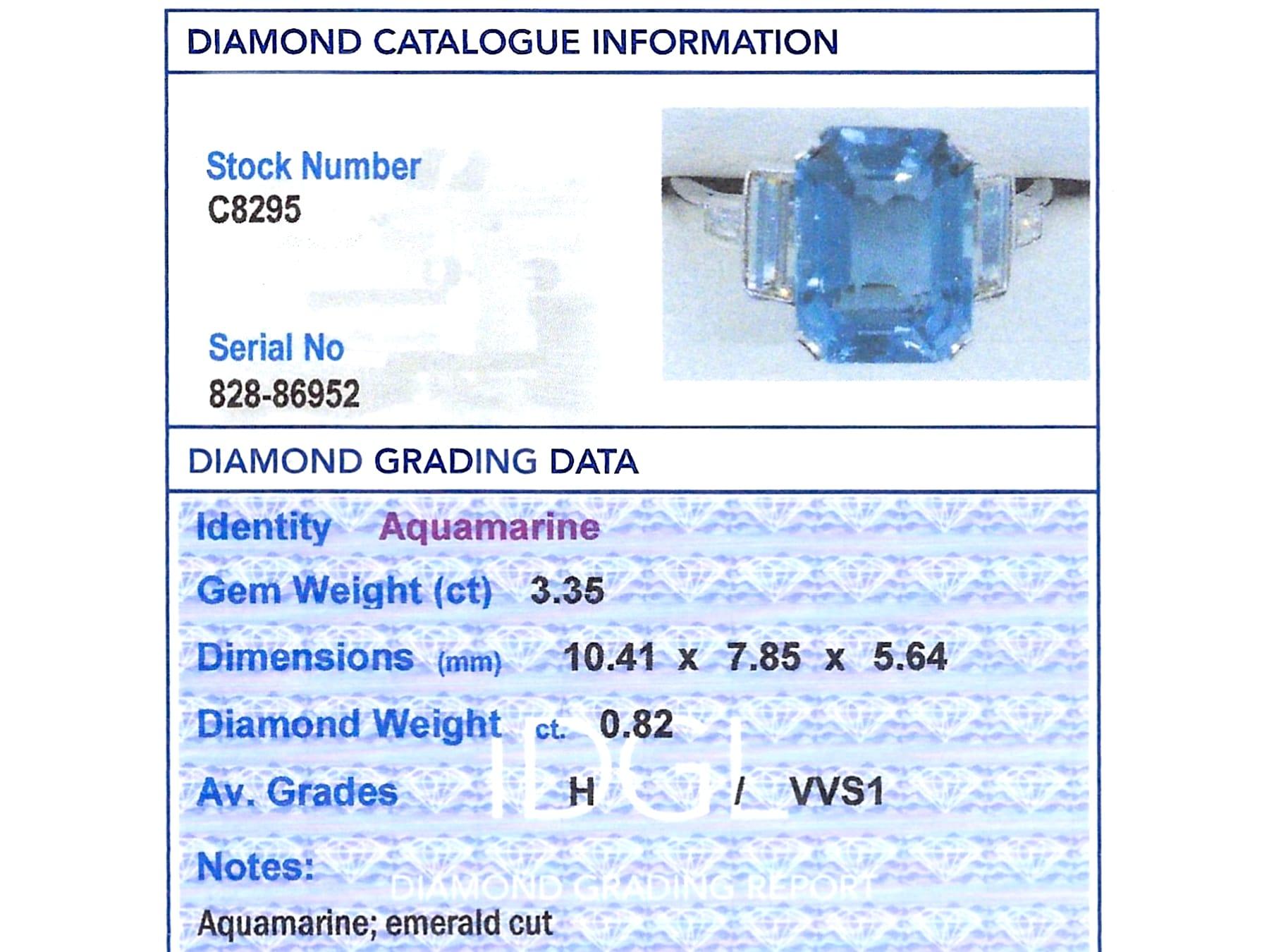 1920s Art Deco 3.35 Carat Aquamarine and 0.82 Carat Diamond Platinum Dress Ring 1
