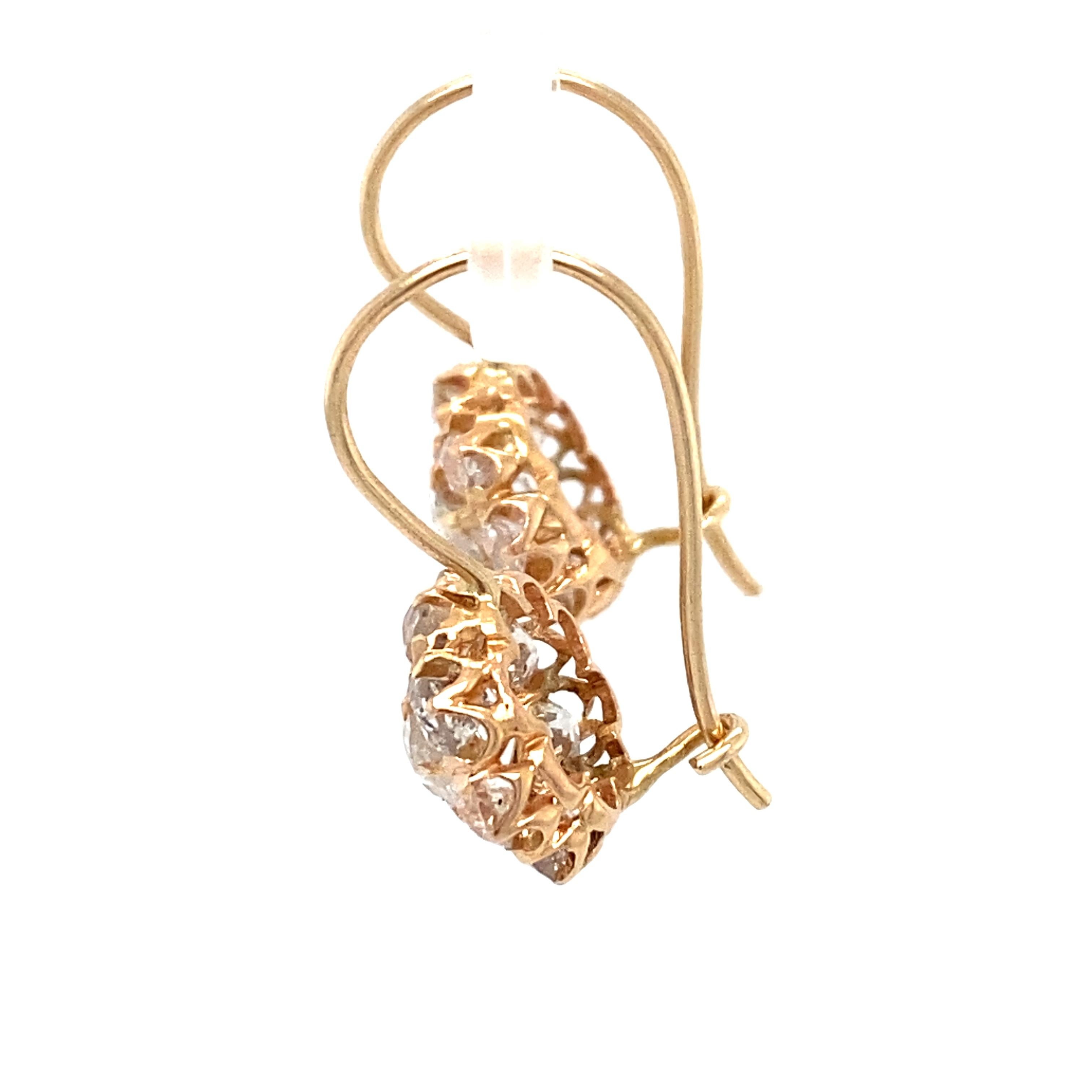Women's or Men's 1920s Art Deco 3.50 Carat Diamond Drop Earrings in 18 Karat Yellow Gold 