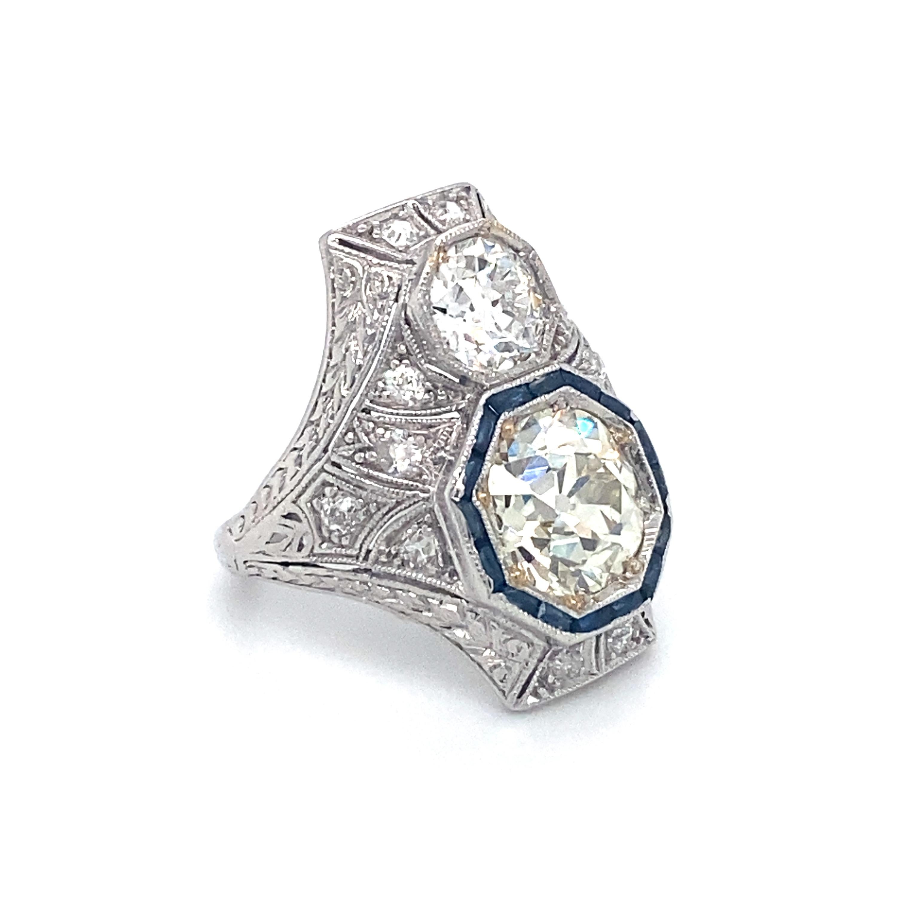 Old European Cut 1920s Art Deco 3.70 Carat Total Diamond and Sapphire Cocktail Ring in Platinum For Sale