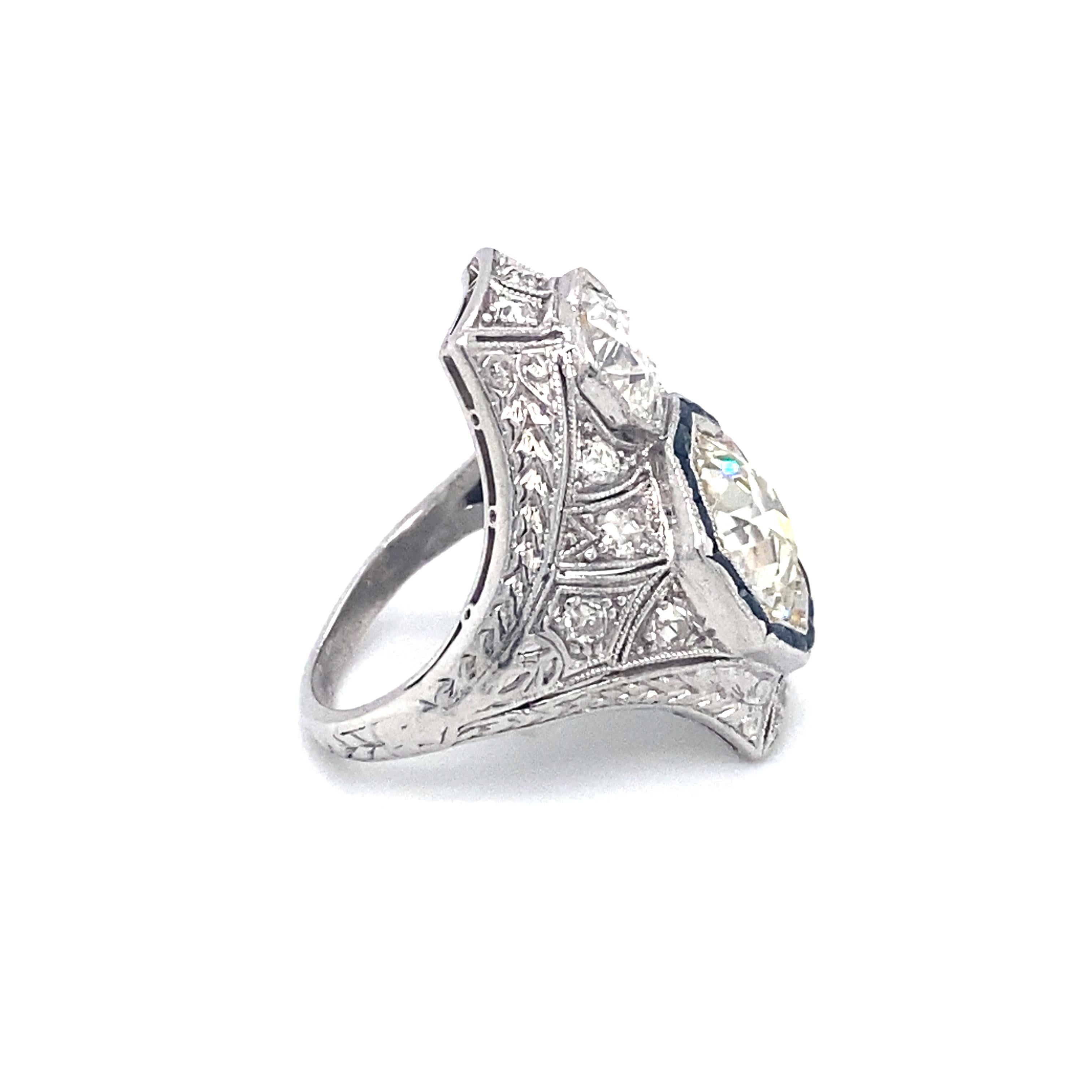 1920s Art Deco 3.70 Carat Total Diamond and Sapphire Cocktail Ring in Platinum In Excellent Condition For Sale In Atlanta, GA