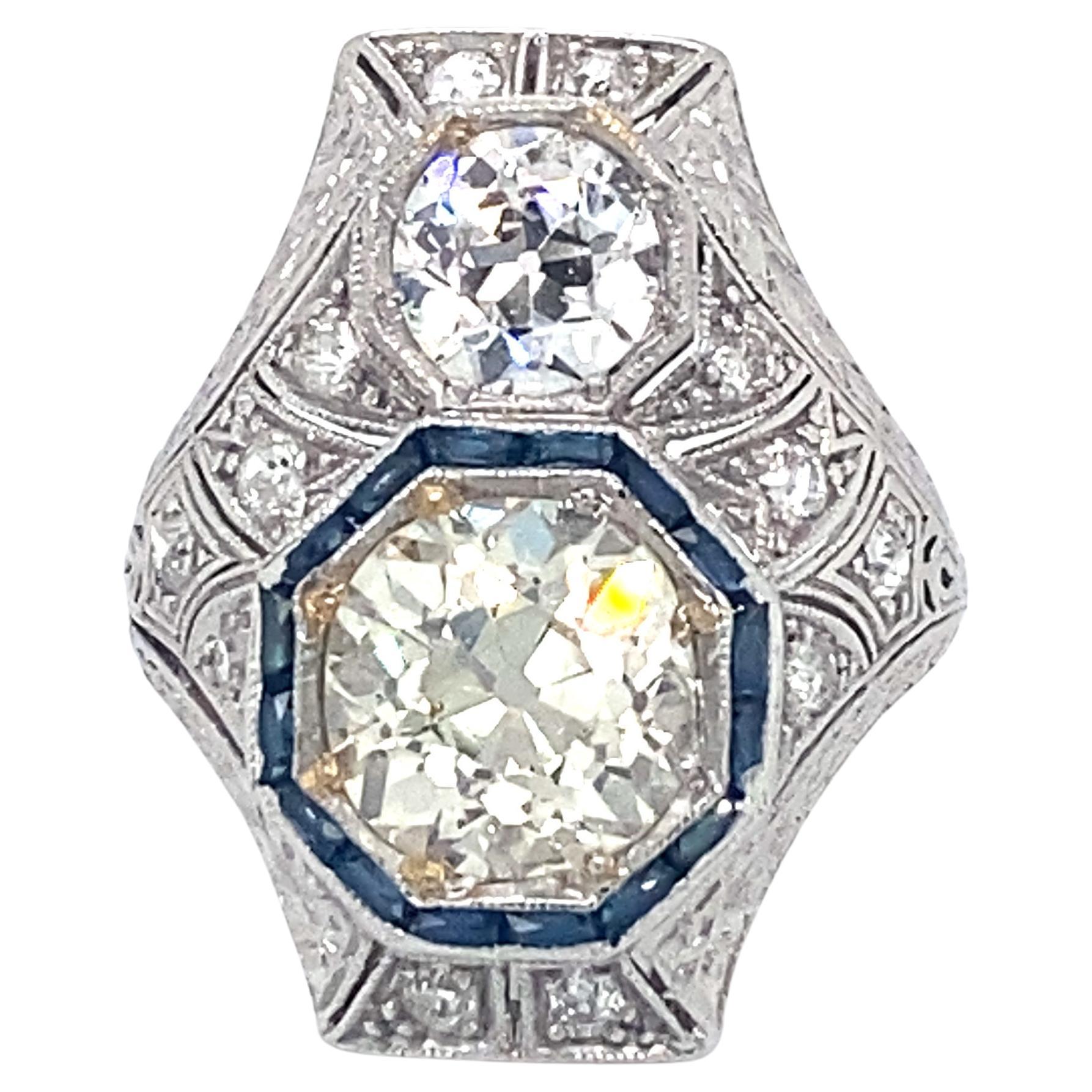 1920s Art Deco 3.70 Carat Total Diamond and Sapphire Cocktail Ring in Platinum For Sale
