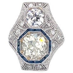 Antique 1920s Art Deco 3.70 Carat Total Diamond and Sapphire Cocktail Ring in Platinum