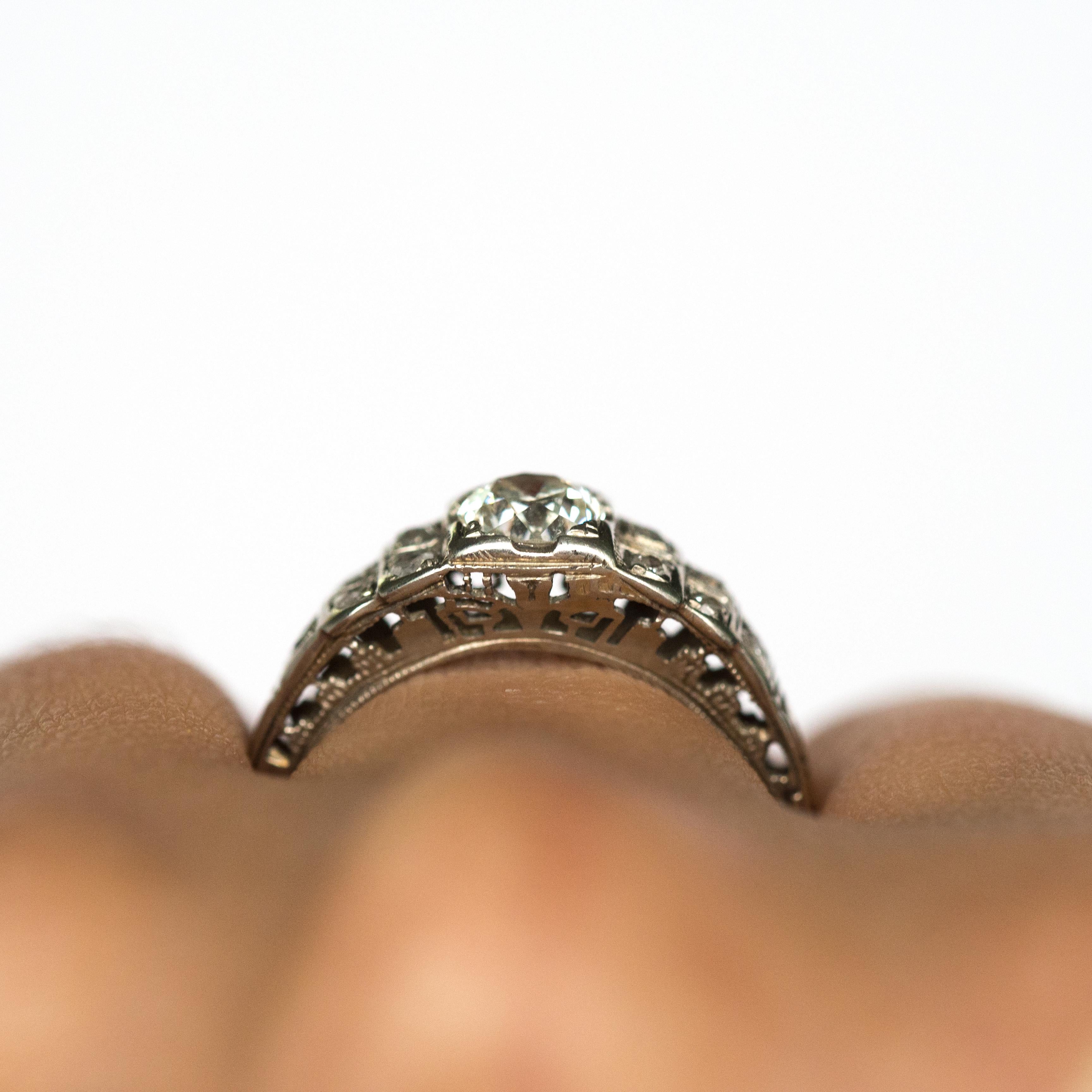 Women's 1920s Art Deco .45 Carat Old European Brilliant Cut Diamond Engagement Ring For Sale
