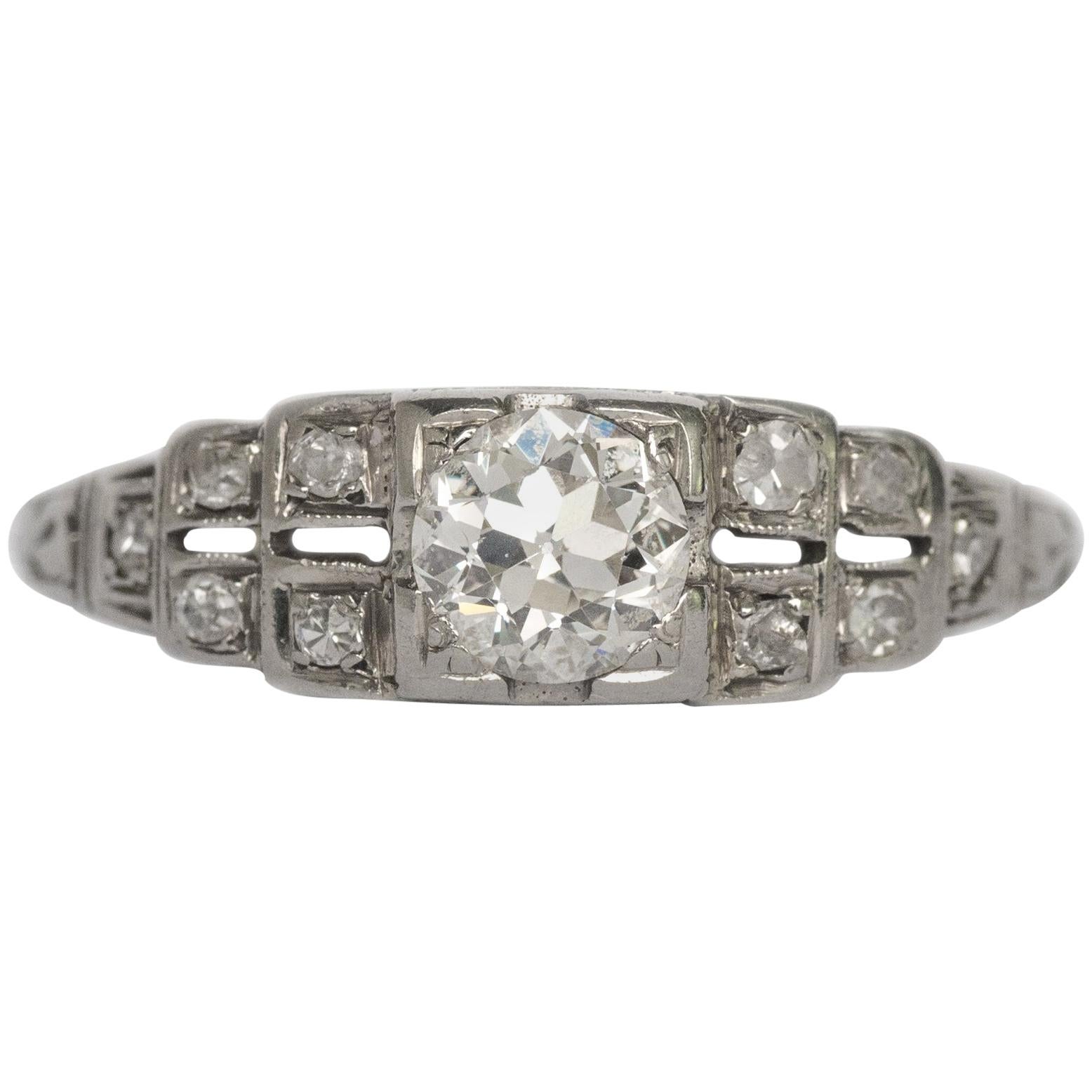 Bague de fiançailles Art déco des années 1920 avec diamant taille brillant européen ancien de 0,45 carat