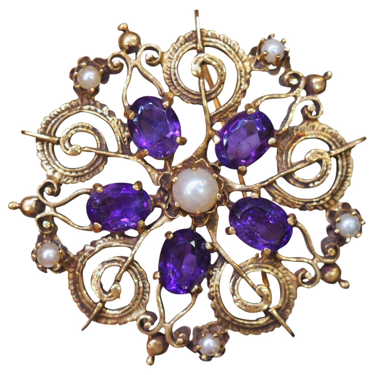 1920s Art Deco Amethyst and Pearl Brooch Pendant