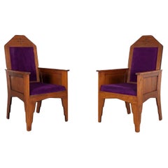 1920's Art Deco "Amsterdam School" Teak Arm Chairs with Purple Velvet Upholstery