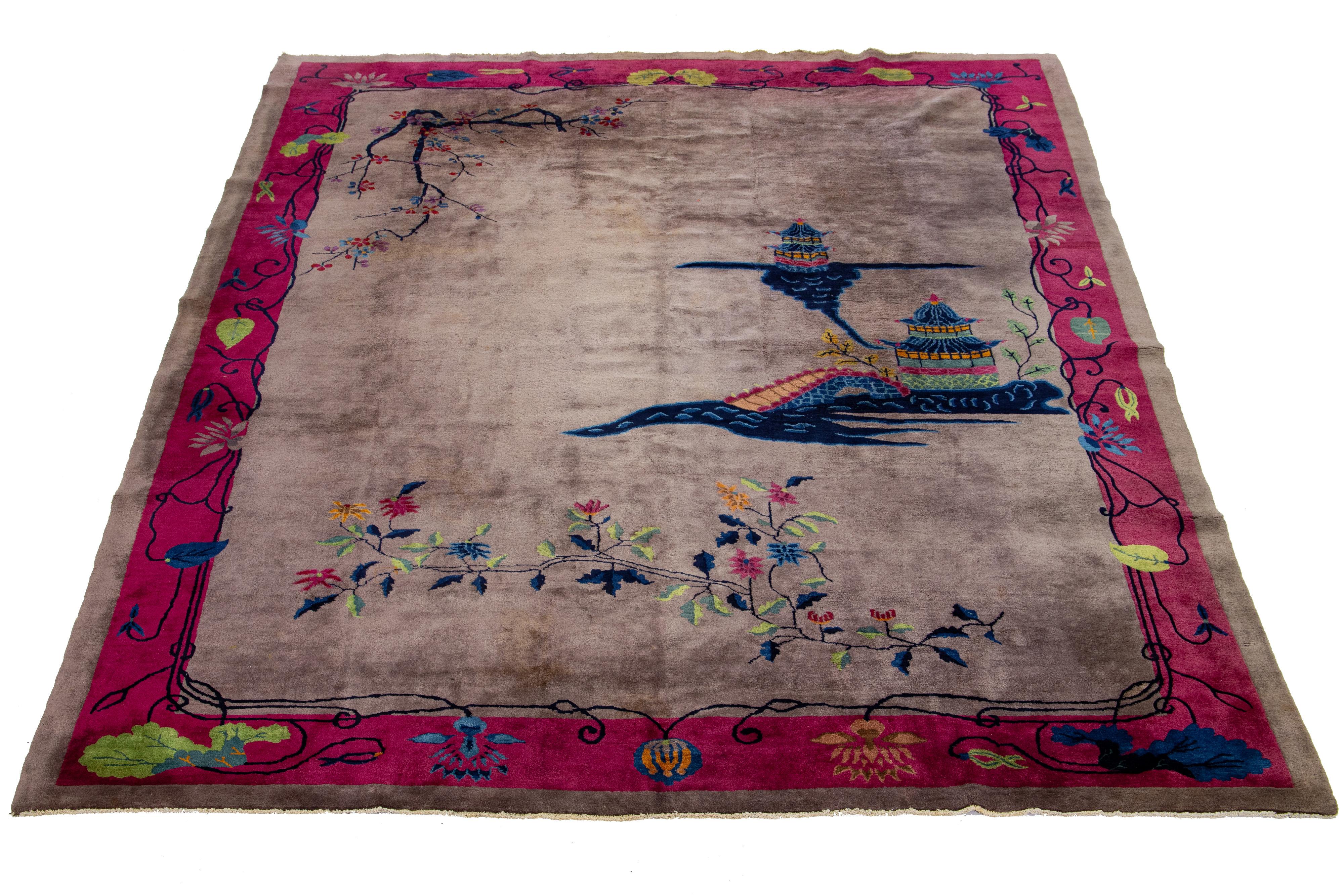 Beautiful antique Chinese Art Deco hand-knotted scatter wool rug with brown and gray color field. This piece has multicolor hues adorned with a classic Chinese floral design.


This rug measures 9' x 11' 6