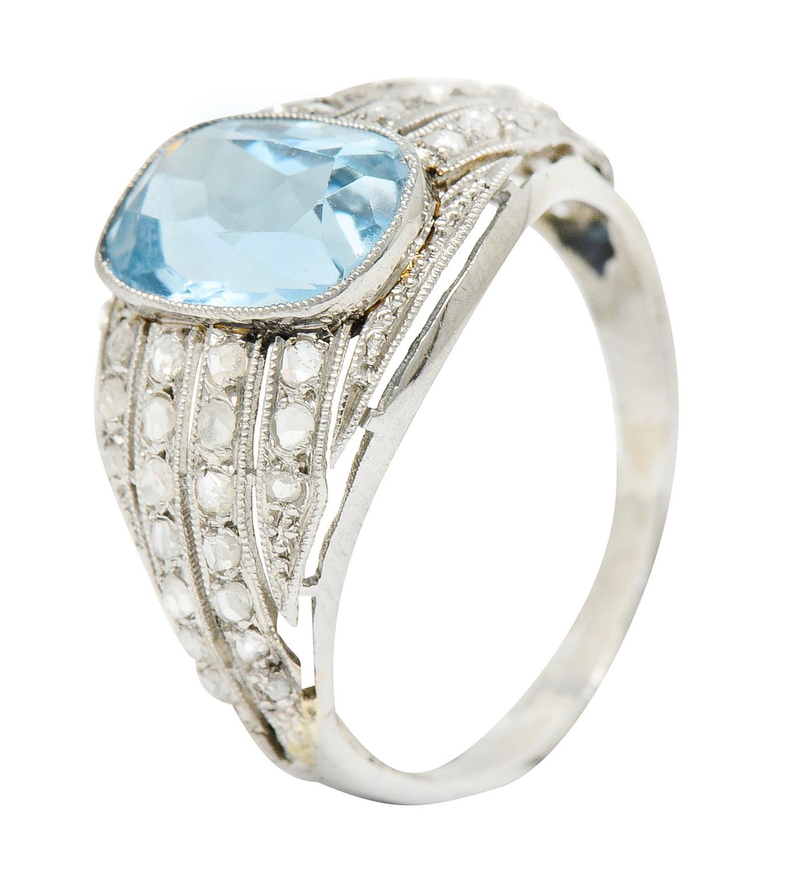 1920's Art Deco Aquamarine Diamond Platinum Bombe Band Ring 5