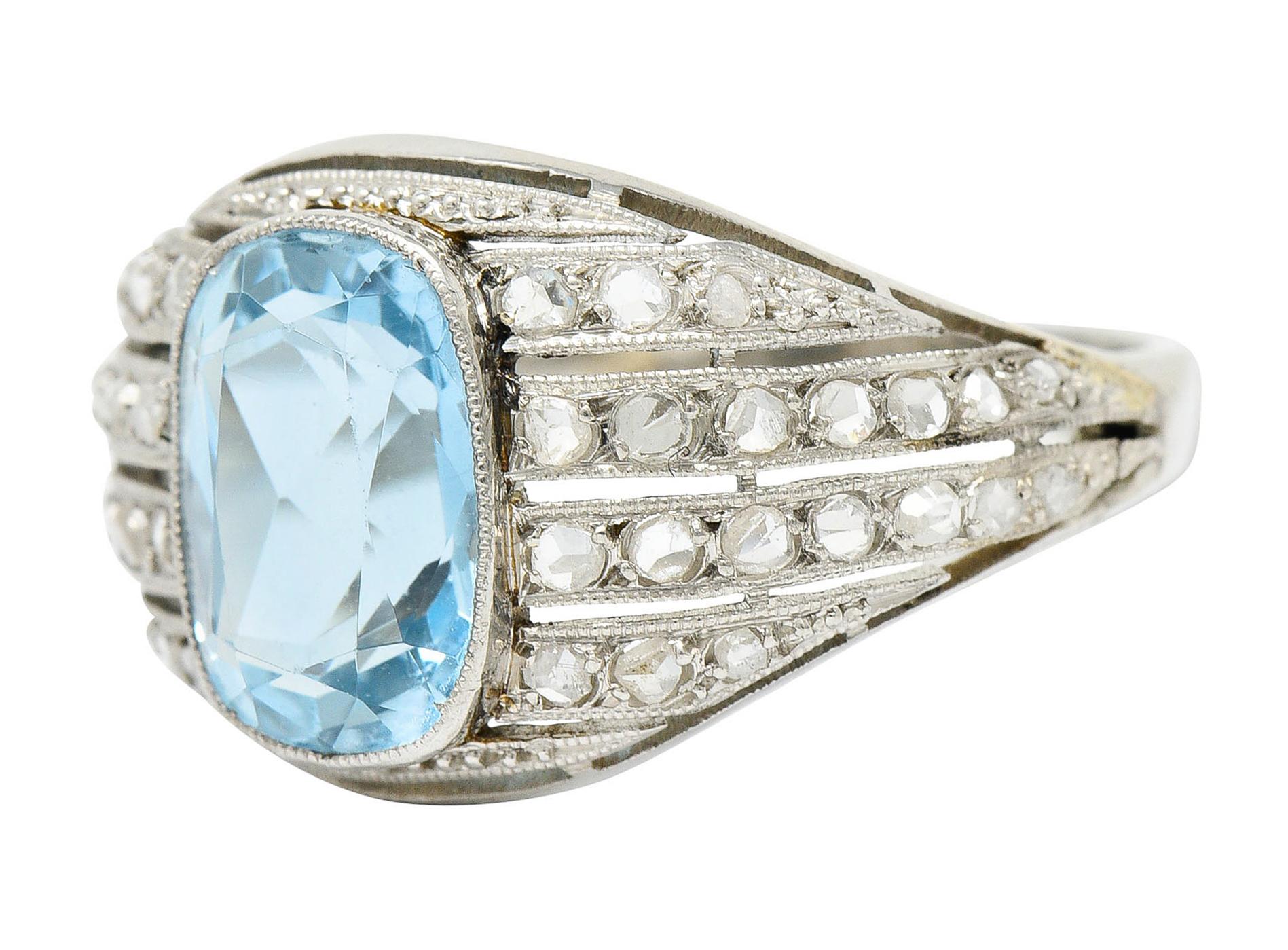 Women's or Men's 1920's Art Deco Aquamarine Diamond Platinum Bombe Band Ring