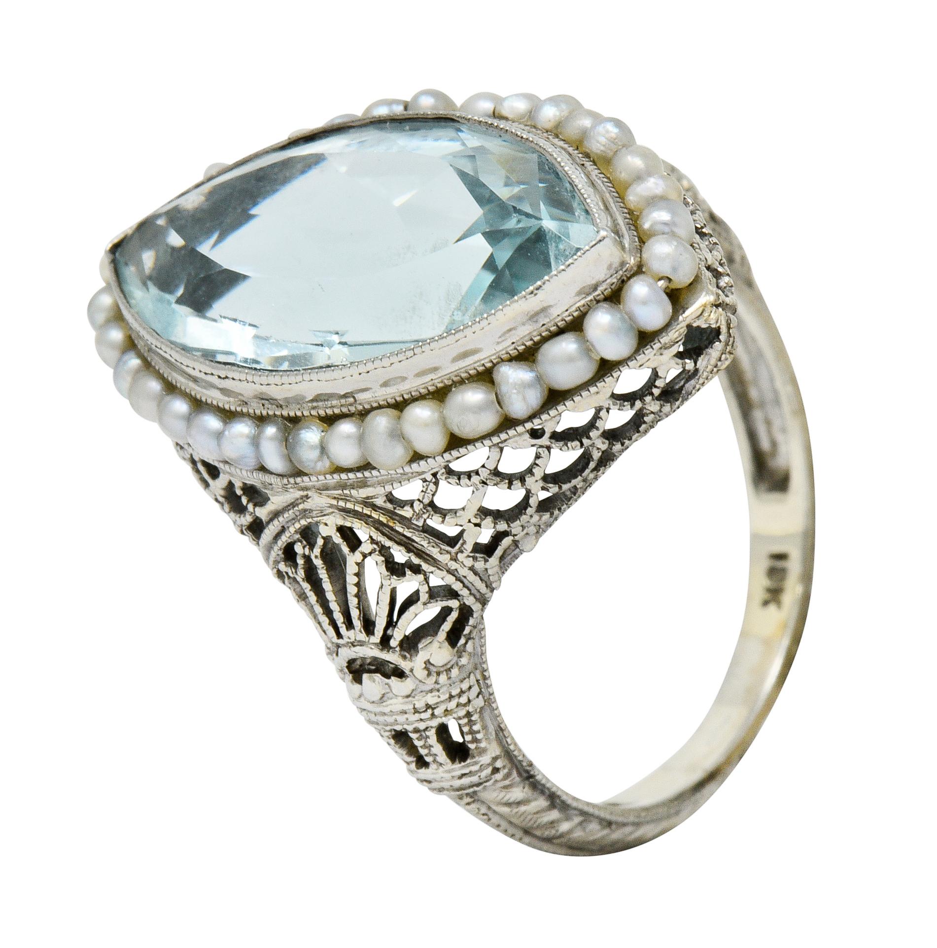 1920s Art Deco Aquamarine Seed Pearl 18 Karat White Gold Navette Dinner Ring 5
