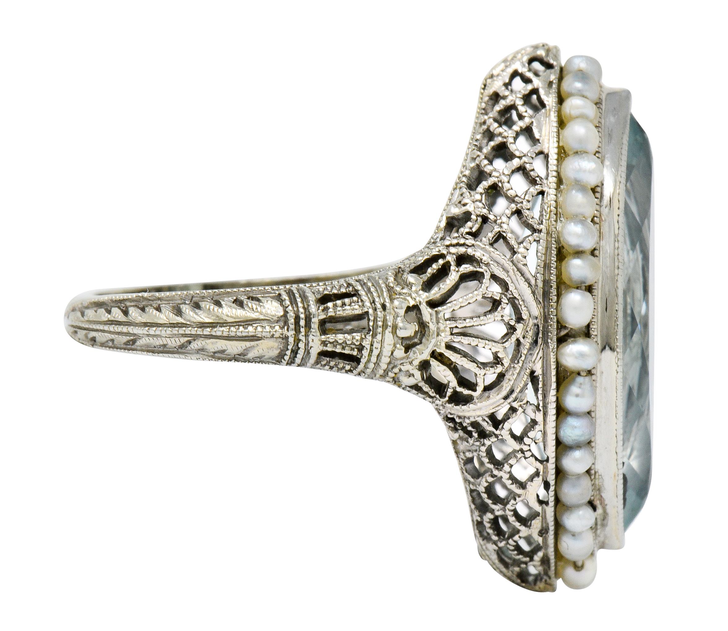 Marquise Cut 1920s Art Deco Aquamarine Seed Pearl 18 Karat White Gold Navette Dinner Ring