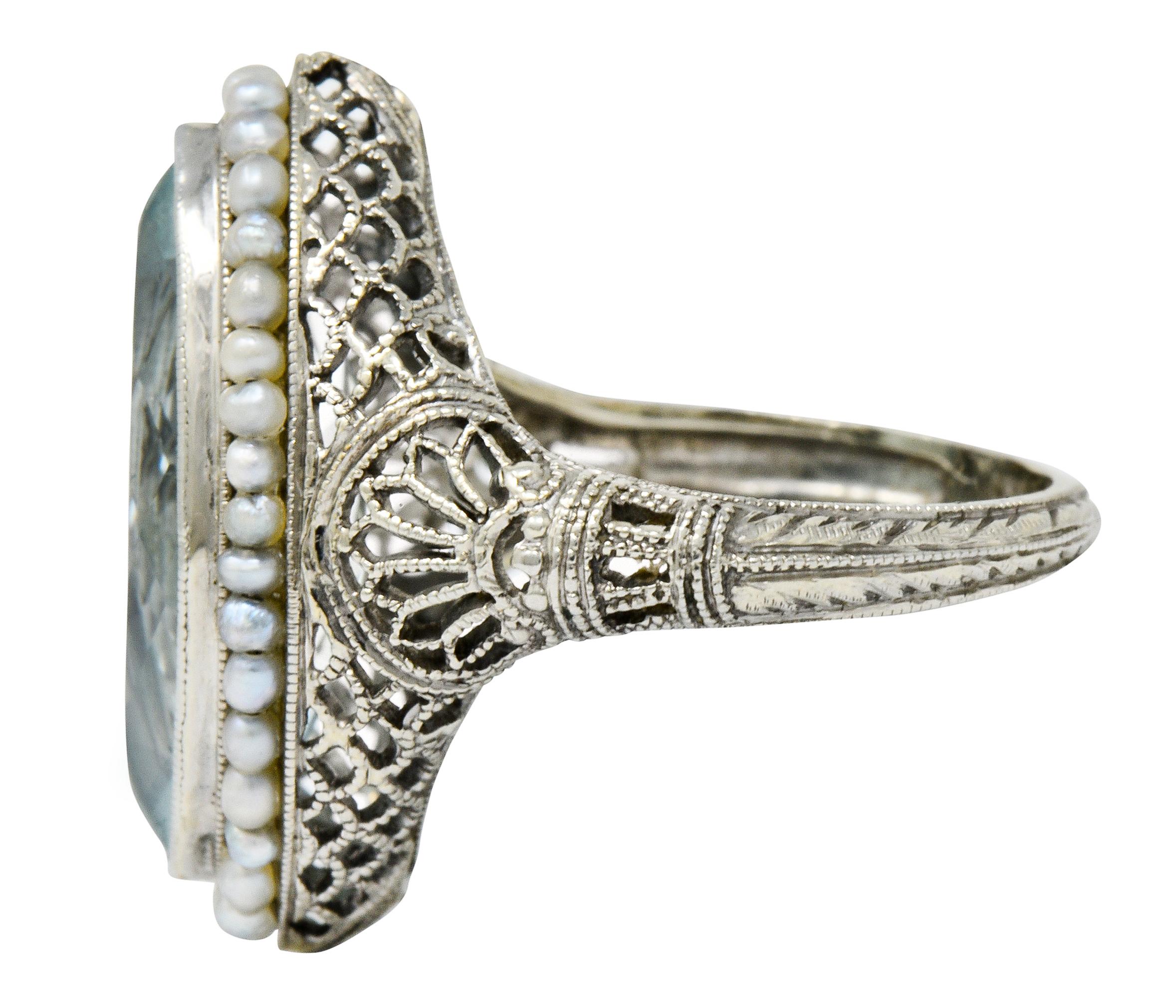 Women's or Men's 1920s Art Deco Aquamarine Seed Pearl 18 Karat White Gold Navette Dinner Ring