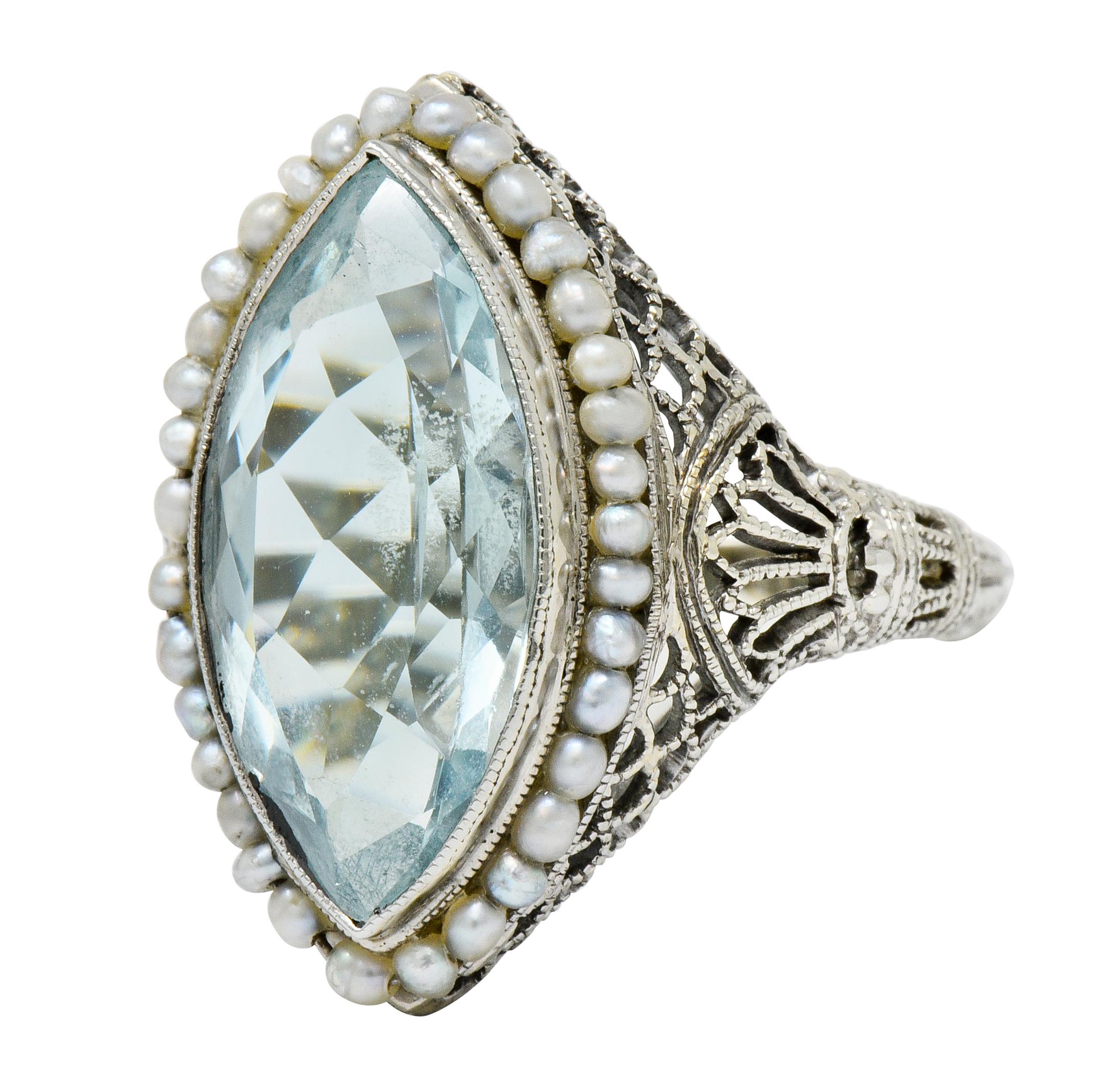 1920s Art Deco Aquamarine Seed Pearl 18 Karat White Gold Navette Dinner Ring 1