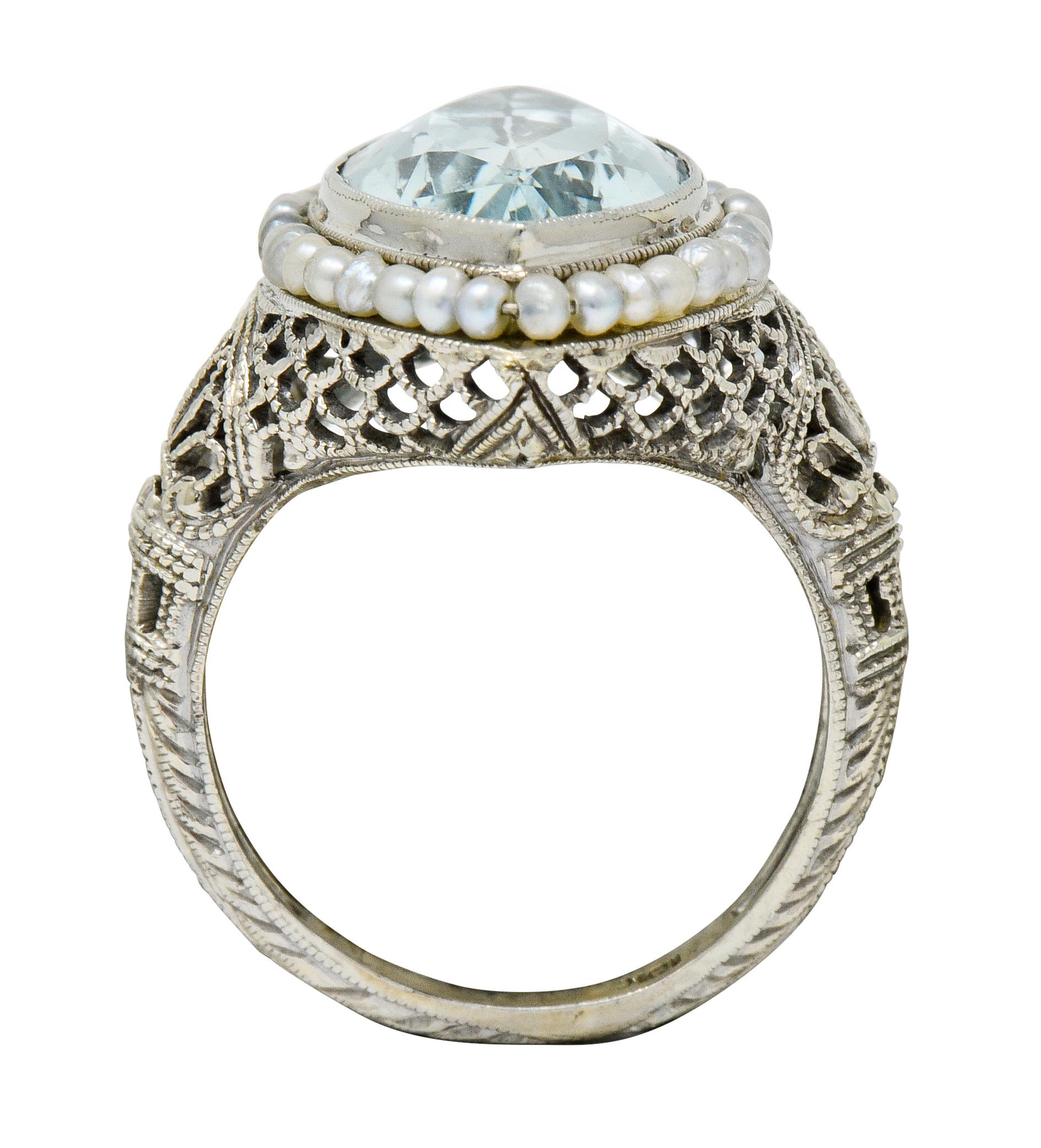 1920s Art Deco Aquamarine Seed Pearl 18 Karat White Gold Navette Dinner Ring 3