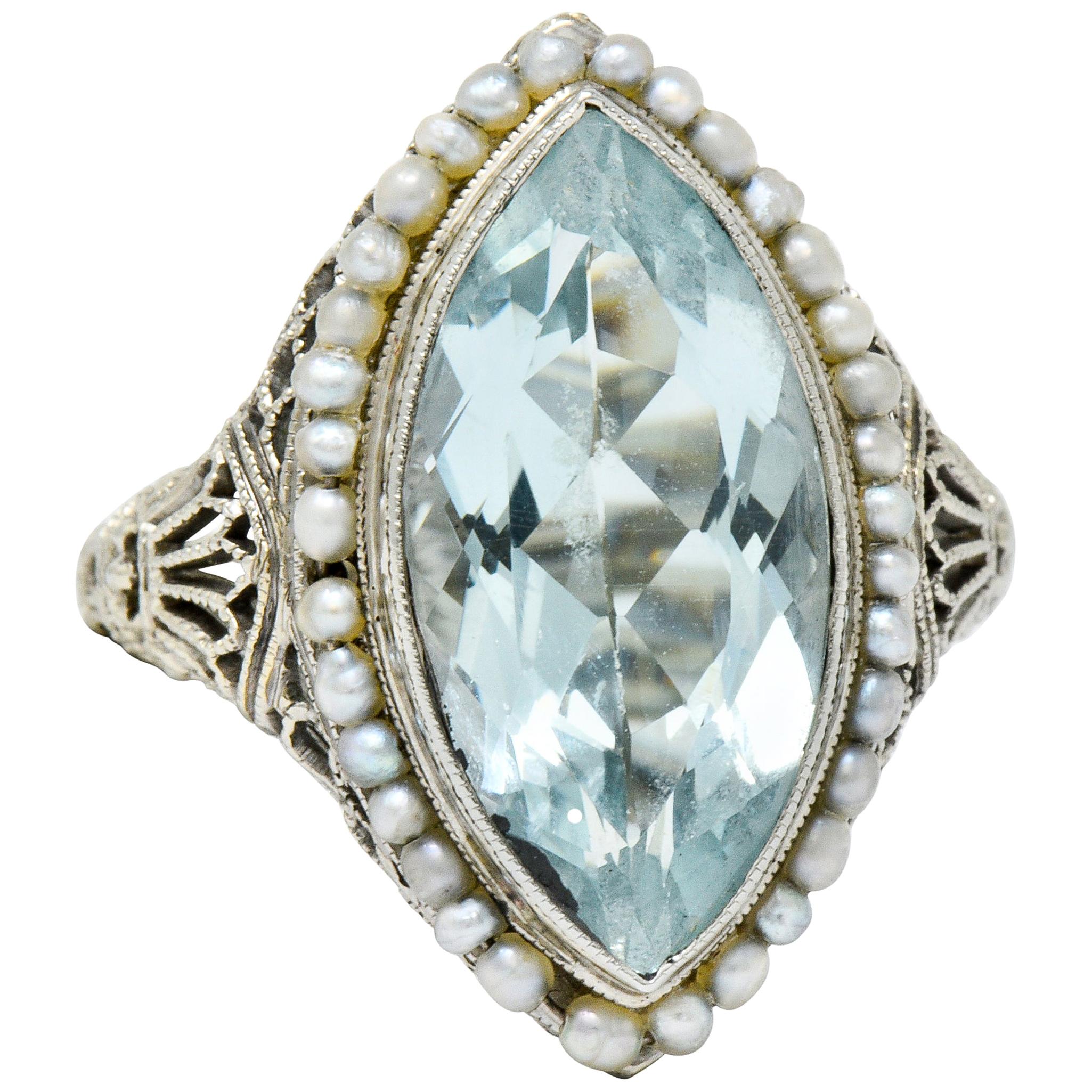 1920s Art Deco Aquamarine Seed Pearl 18 Karat White Gold Navette Dinner Ring