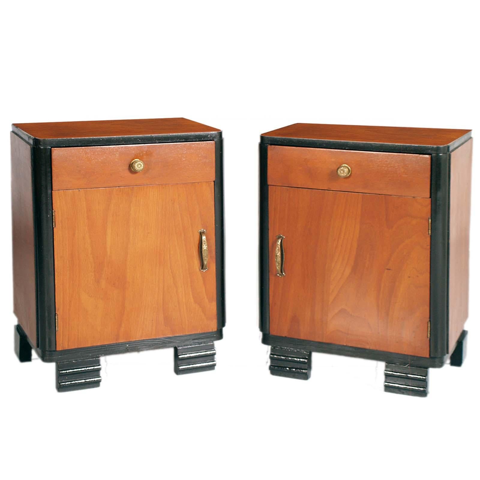 1920s Art Deco Nightstands, Ebonized & Veneer Walnut by Consorzio Mobili Cantù