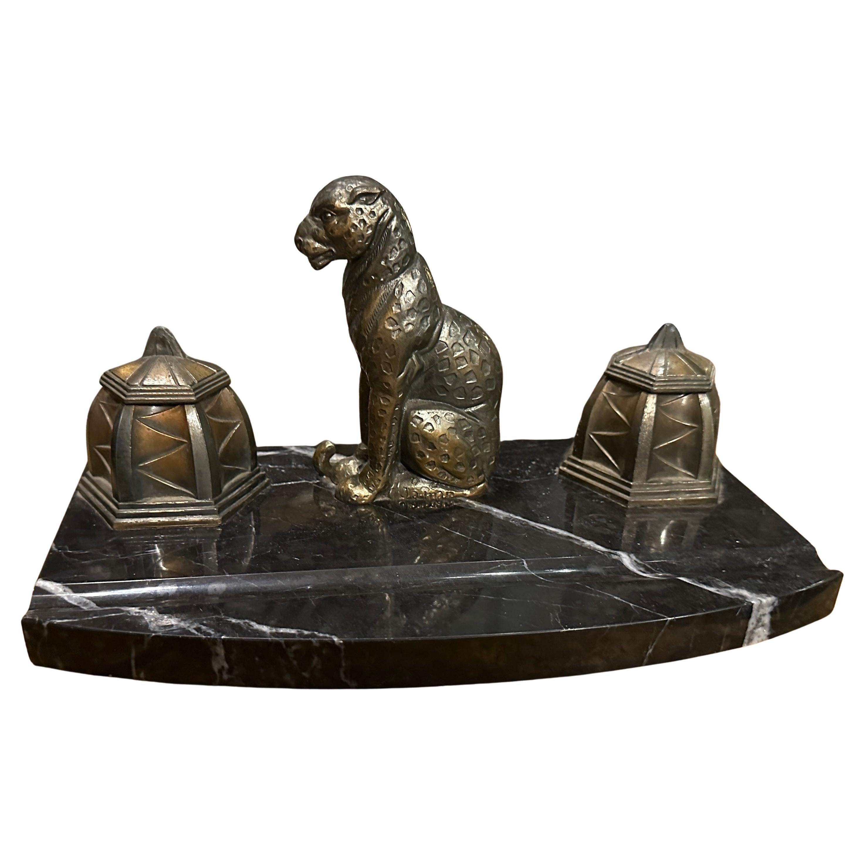 1920s Art Deco Black and White Marble and Metal French Inkwell