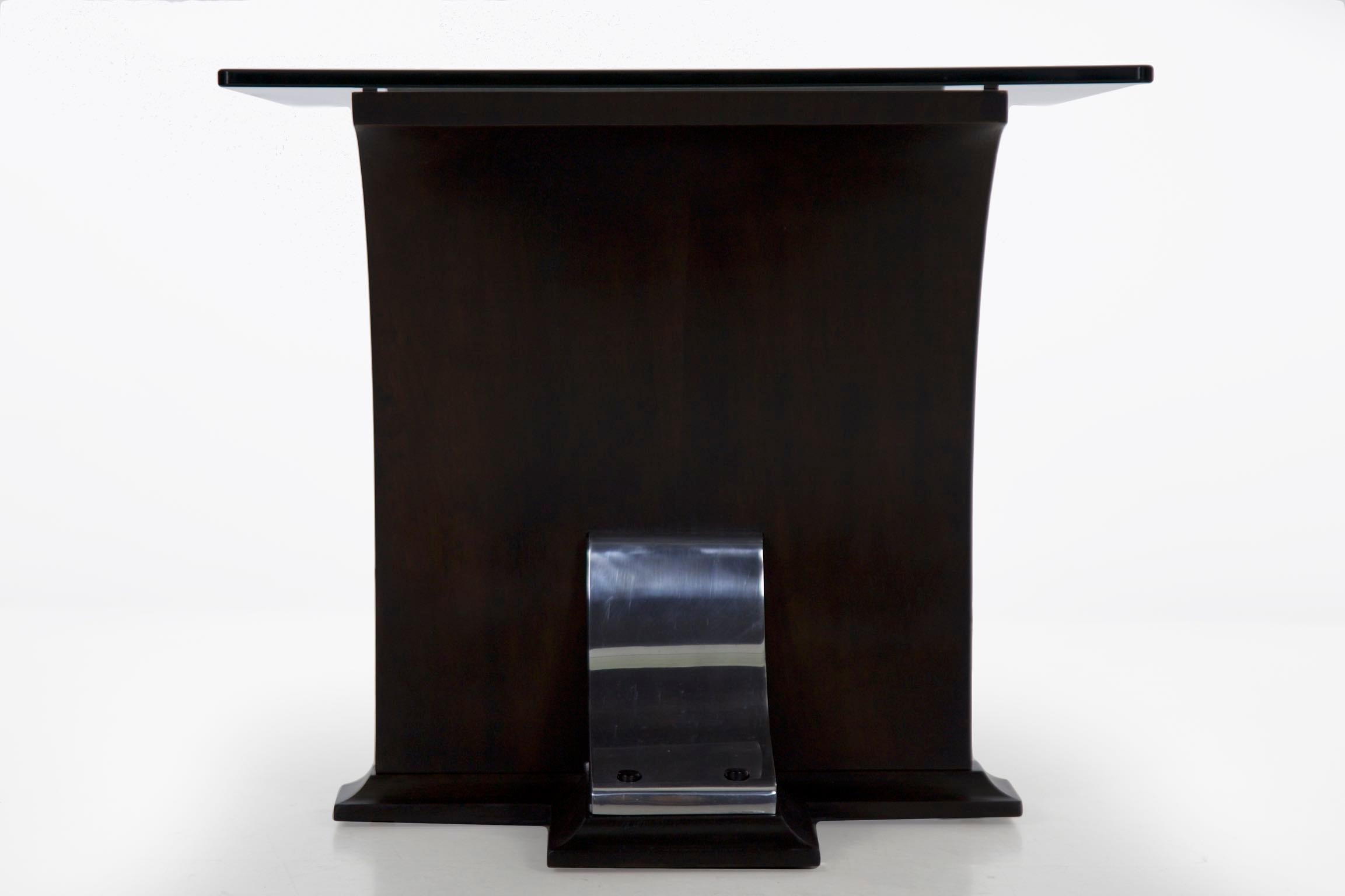 1920s Art Deco Black Ebonized Walnut, Aluminum, and Glass Top Side Table 9