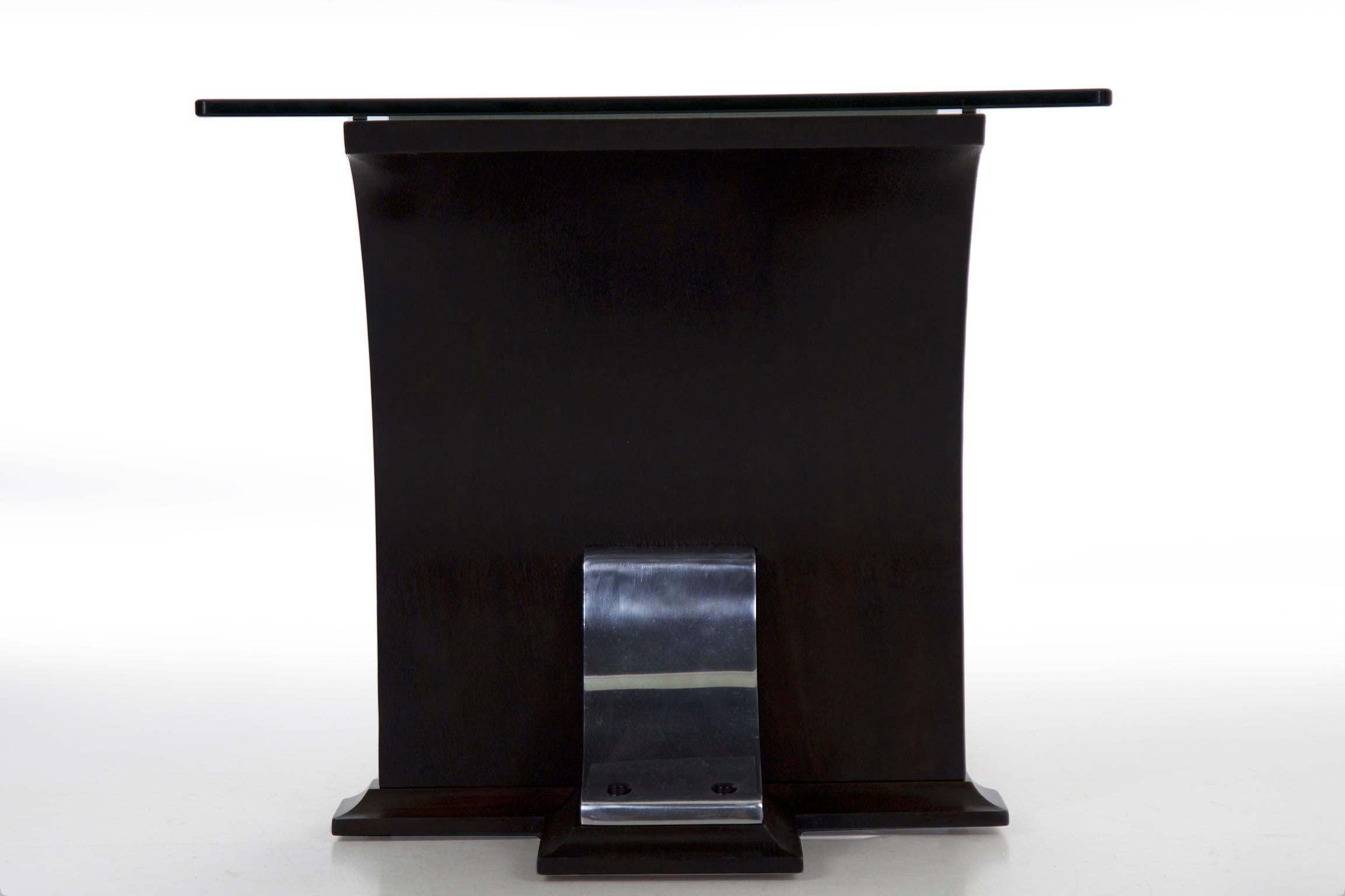 1920s Art Deco Black Ebonized Walnut, Aluminum, and Glass Top Side Table 2