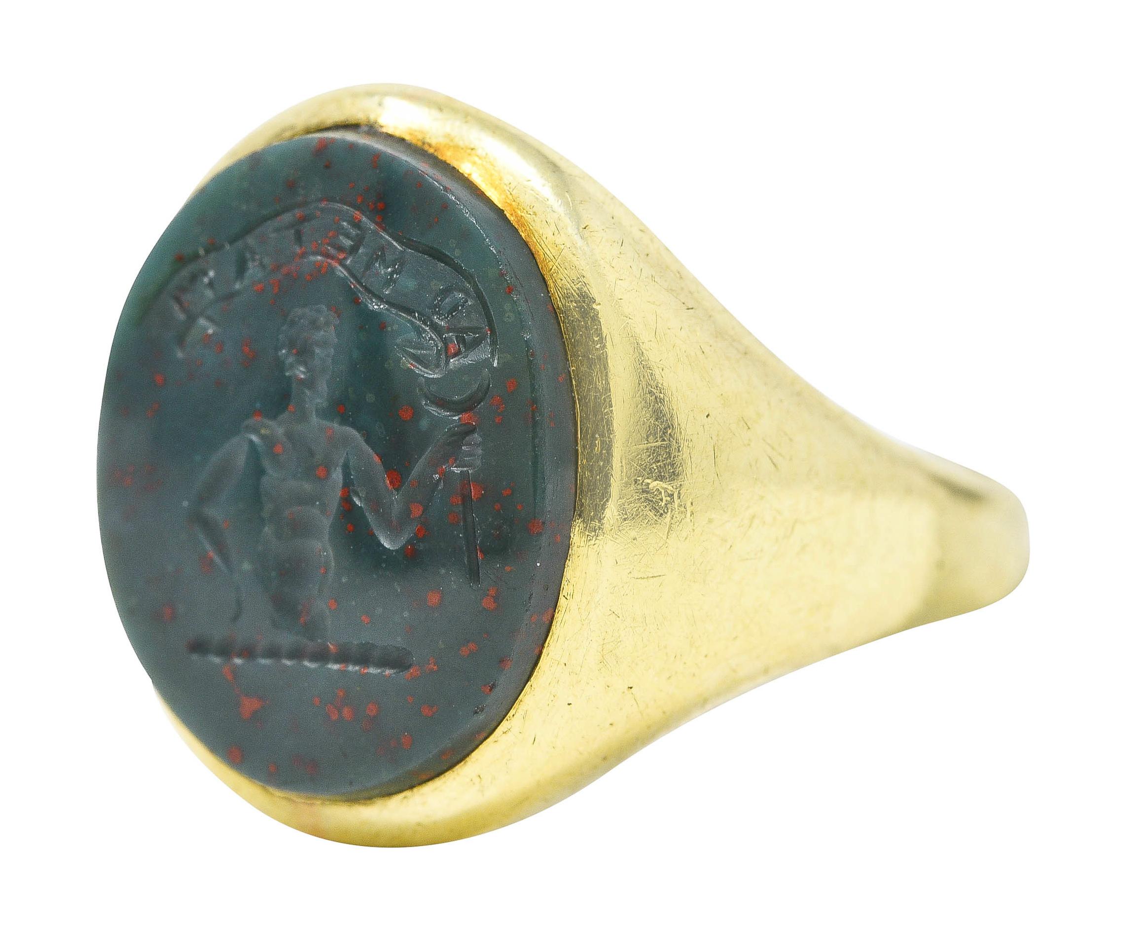1920er Jahre Art Deco Blutstein Intaglio 14 Karat Gelbgold Hades Siegelring 1