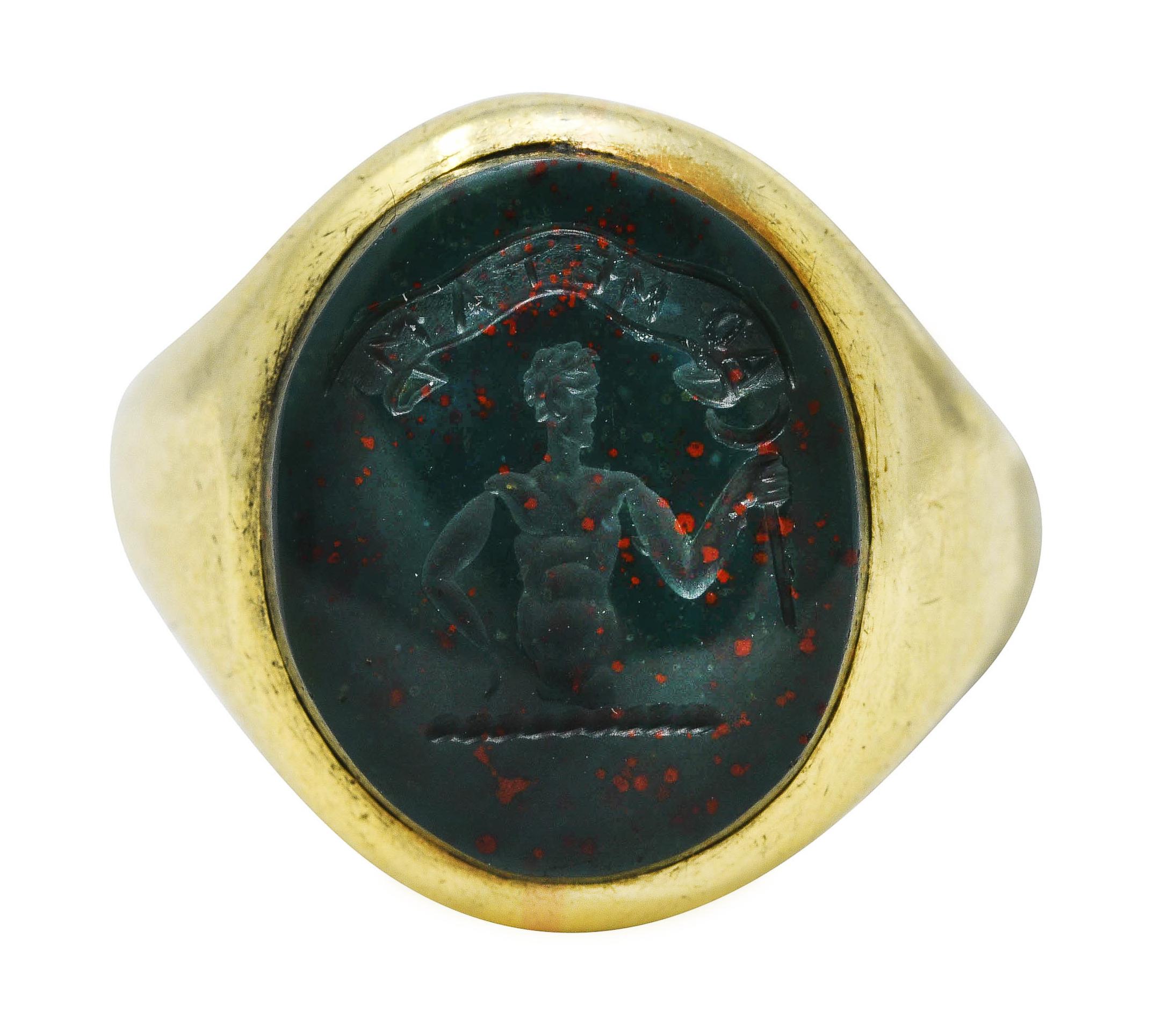 1920er Jahre Art Deco Blutstein Intaglio 14 Karat Gelbgold Hades Siegelring 3