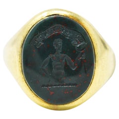 1920's Art Deco Bloodstone Intaglio 14 Karat Yellow Gold Hades Signet Ring