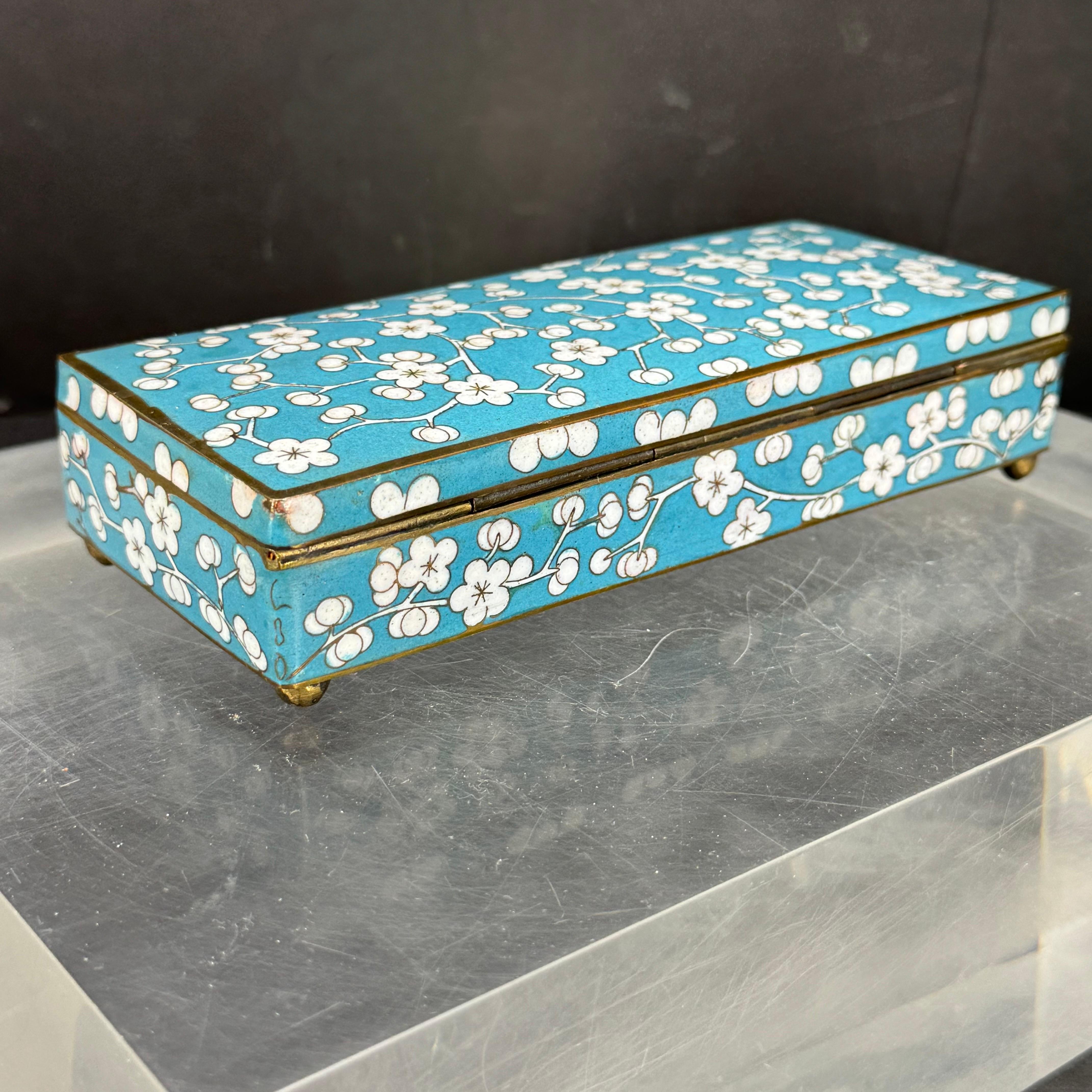 Chinese 1920’s Art Deco Blue Cloisonné Cherry Blossom Box Rectangular