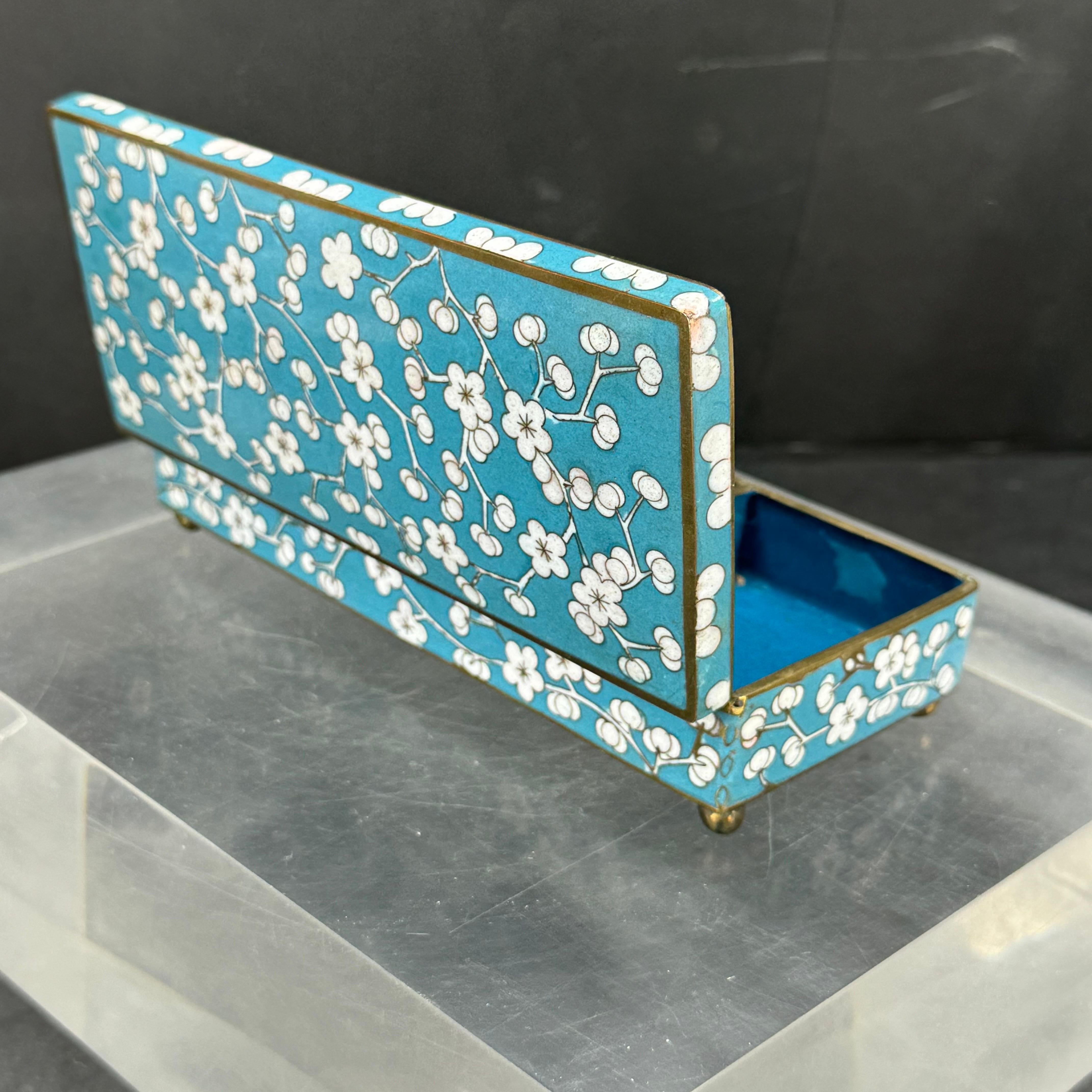 1920’s Art Deco Blue Cloisonné Cherry Blossom Box Rectangular In Good Condition In Haddonfield, NJ