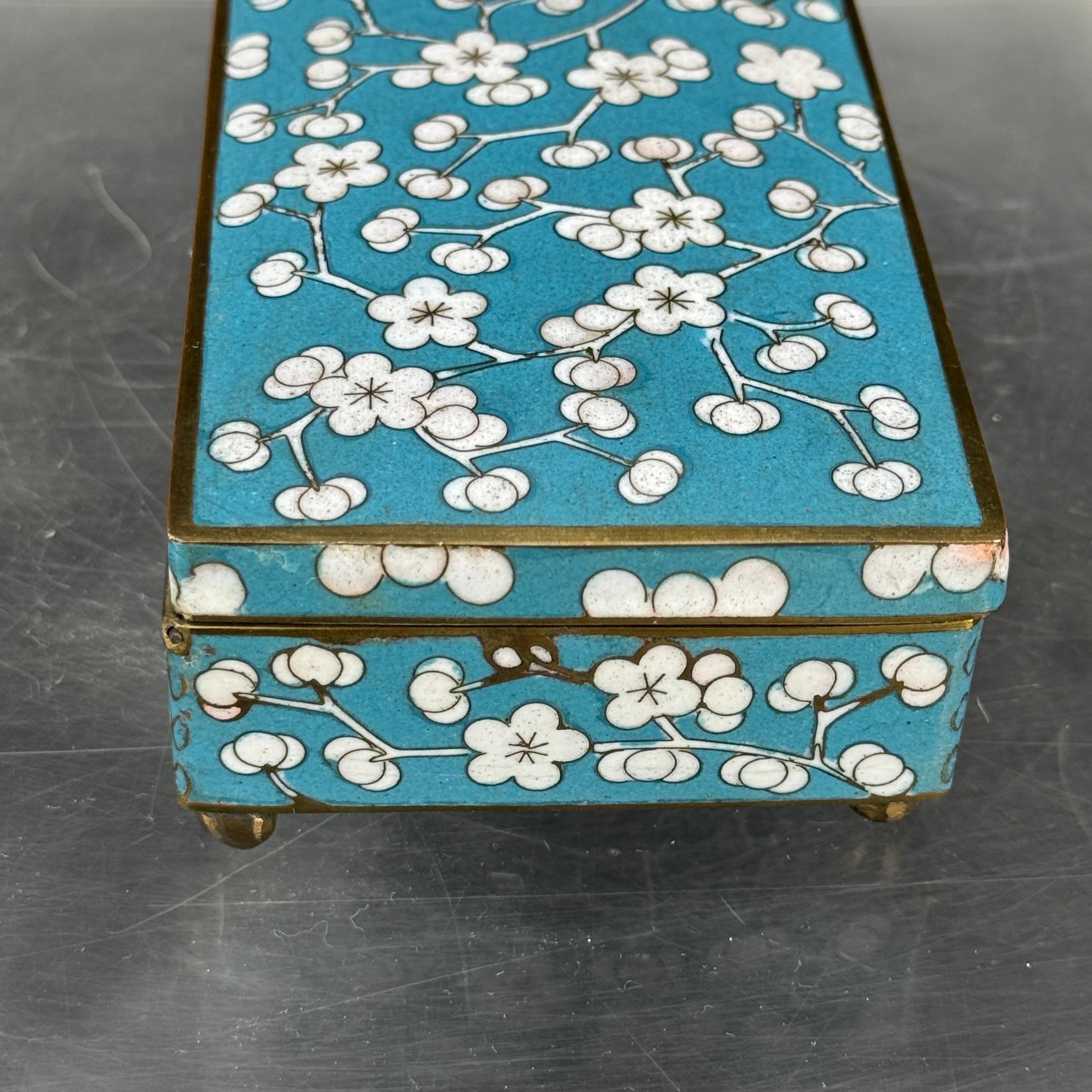 Metal 1920’s Art Deco Blue Cloisonné Cherry Blossom Box Rectangular