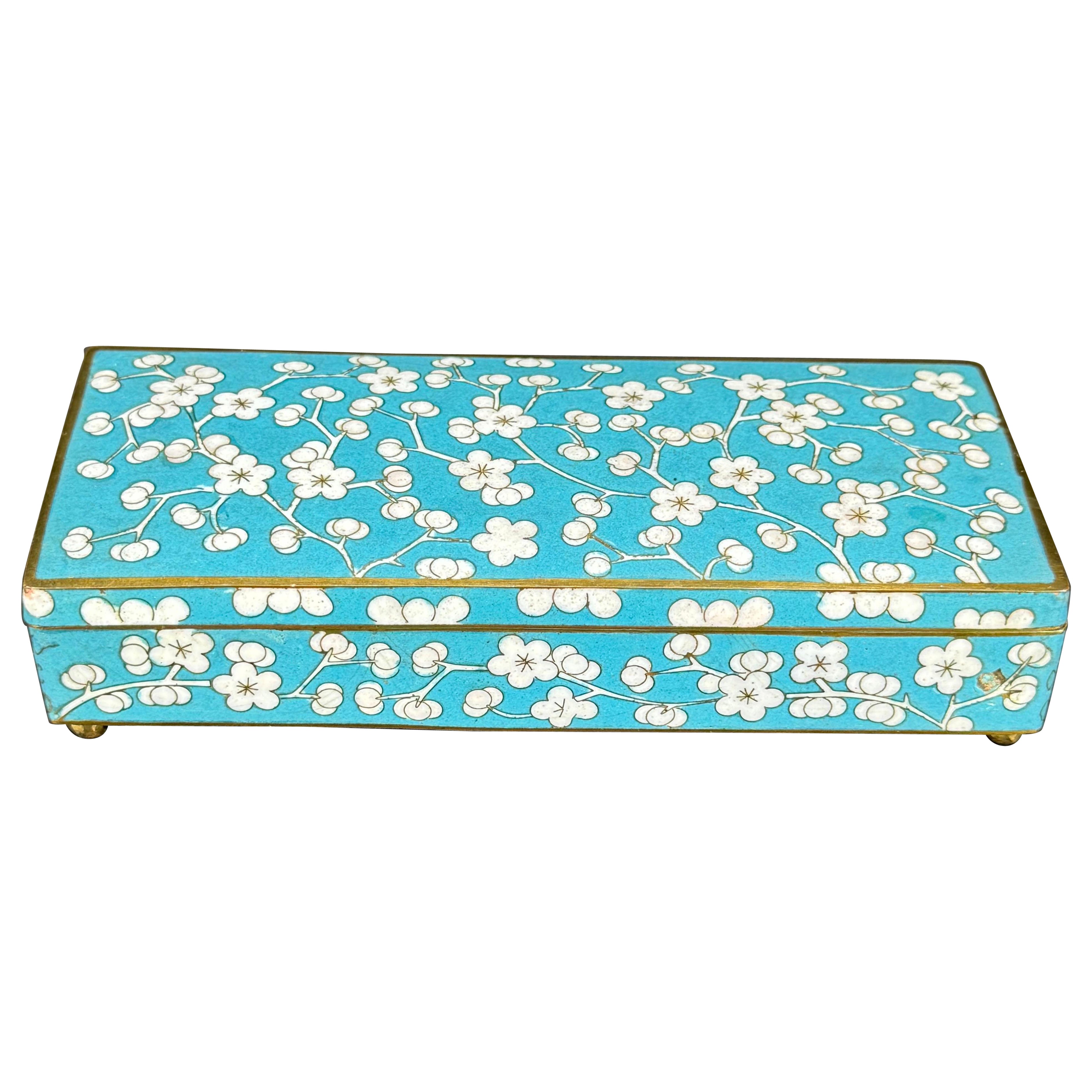 1920’s Art Deco Blue Cloisonné Cherry Blossom Box Rectangular