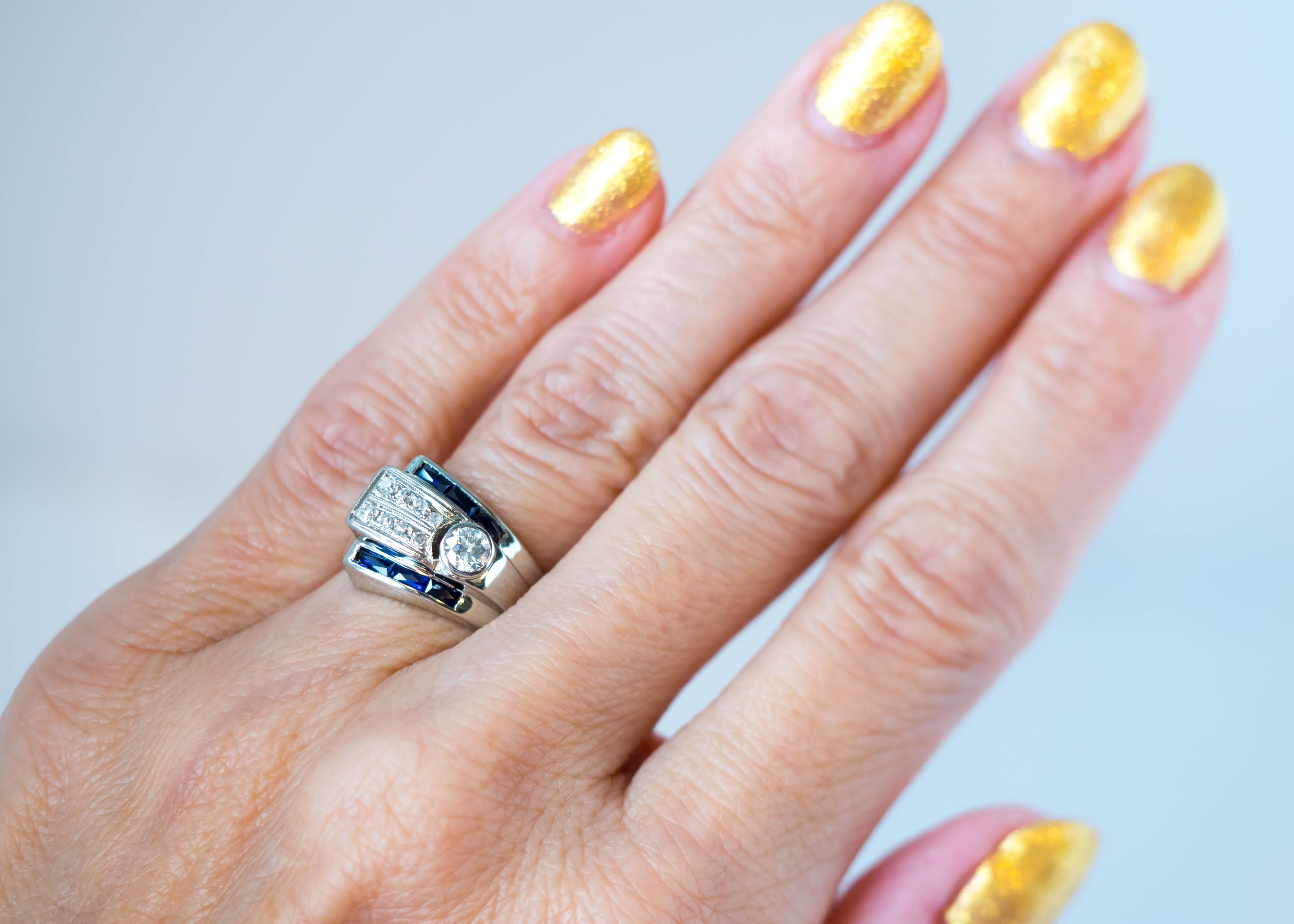 1920er Jahre Art Deco Ring aus 14 Karat Weißgold mit blauem Saphir, altem europäischem Diamant im Angebot 6
