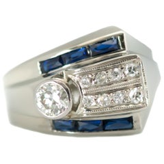 Antique 1920s Art Deco Blue Sapphire, Old European Diamond and 14 Karat White Gold Ring