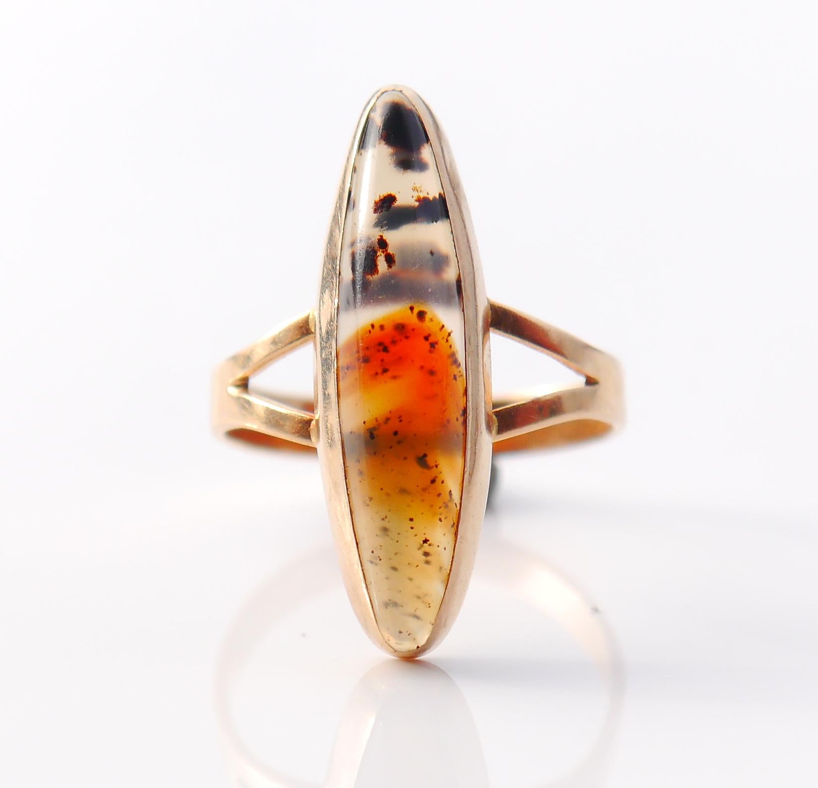 Old European Cut 1920s Art Deco Boat Ring solid 18K Gold Dendritic Agate Size Ø 6.25US/2.7 gr For Sale