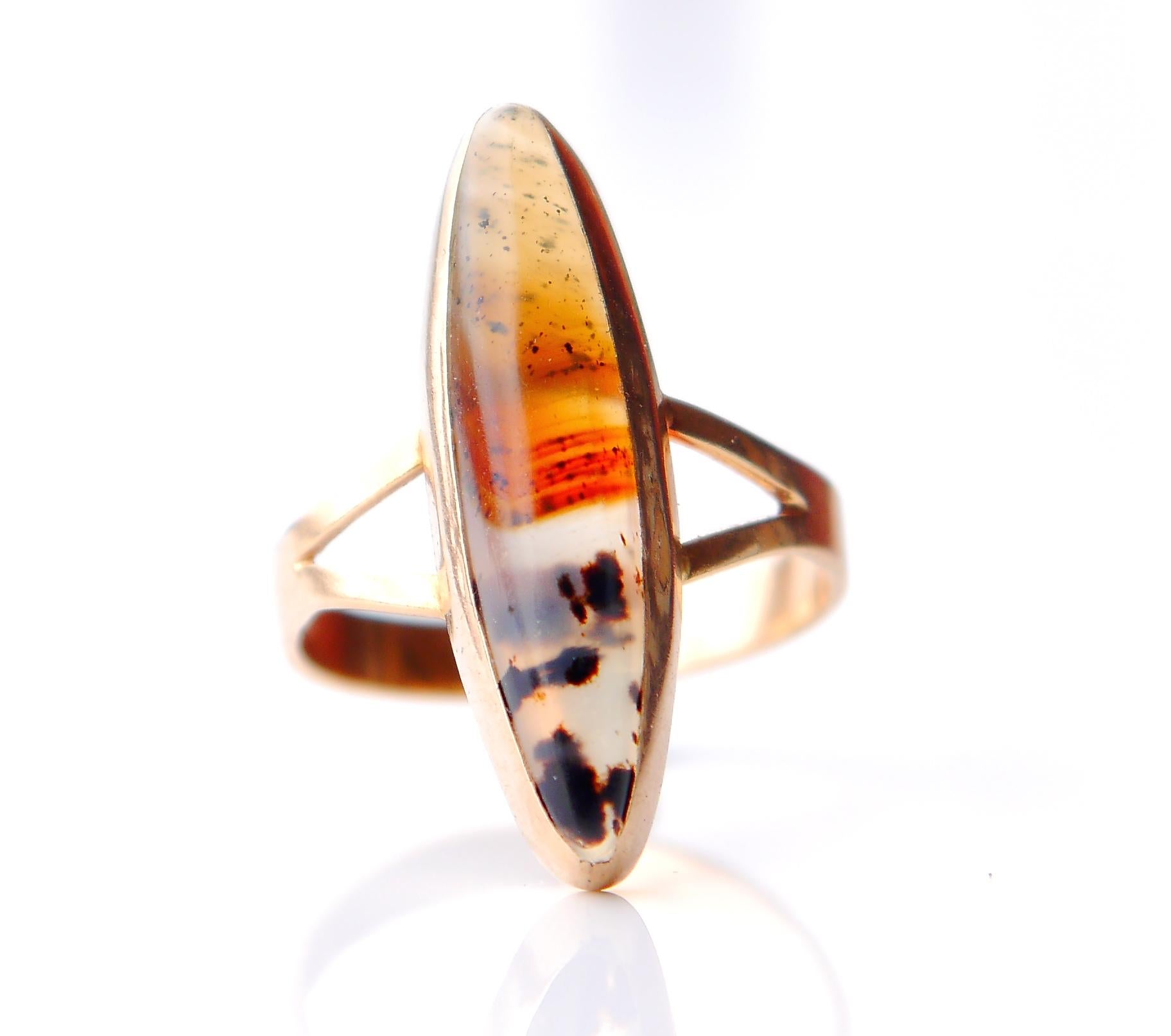 Women's 1920s Art Deco Boat Ring solid 18K Gold Dendritic Agate Size Ø 6.25US/2.7 gr For Sale