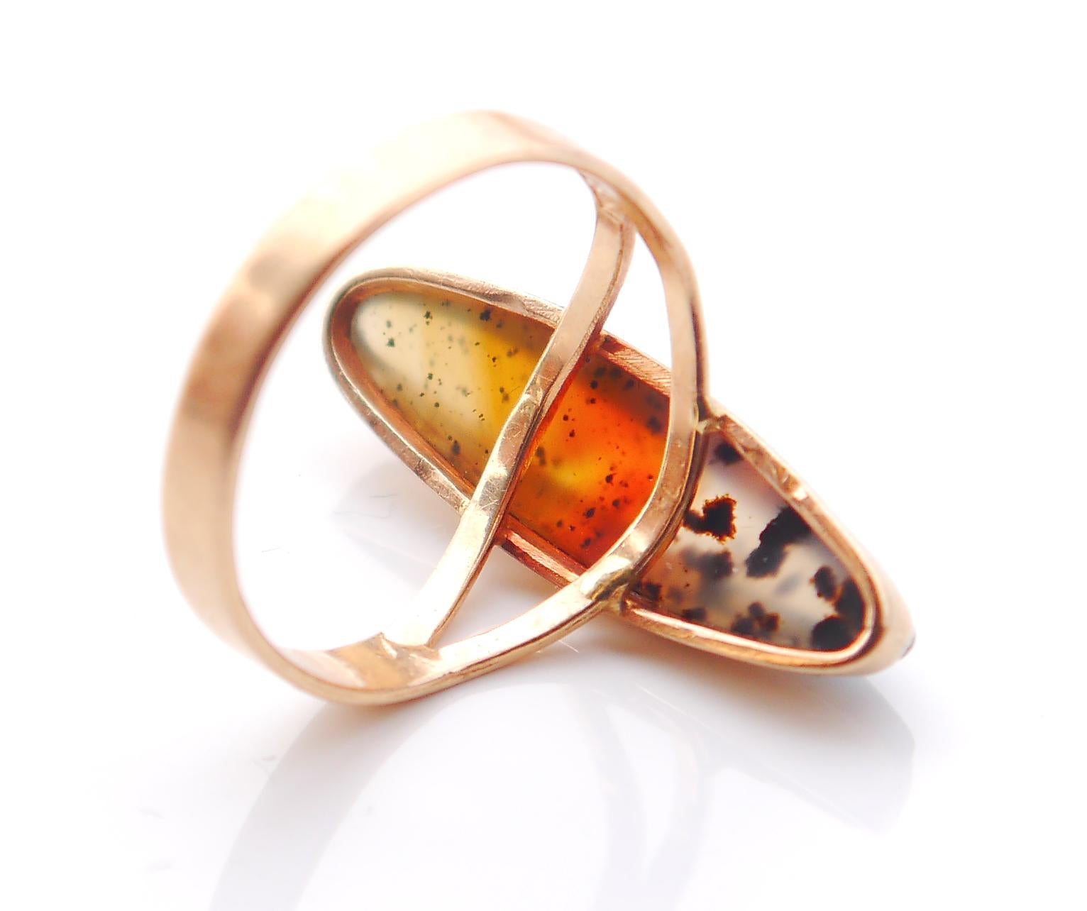 1920s Art Deco Boat Ring solid 18K Gold Dendritic Agate Size Ø 6.25US/2.7 gr For Sale 3